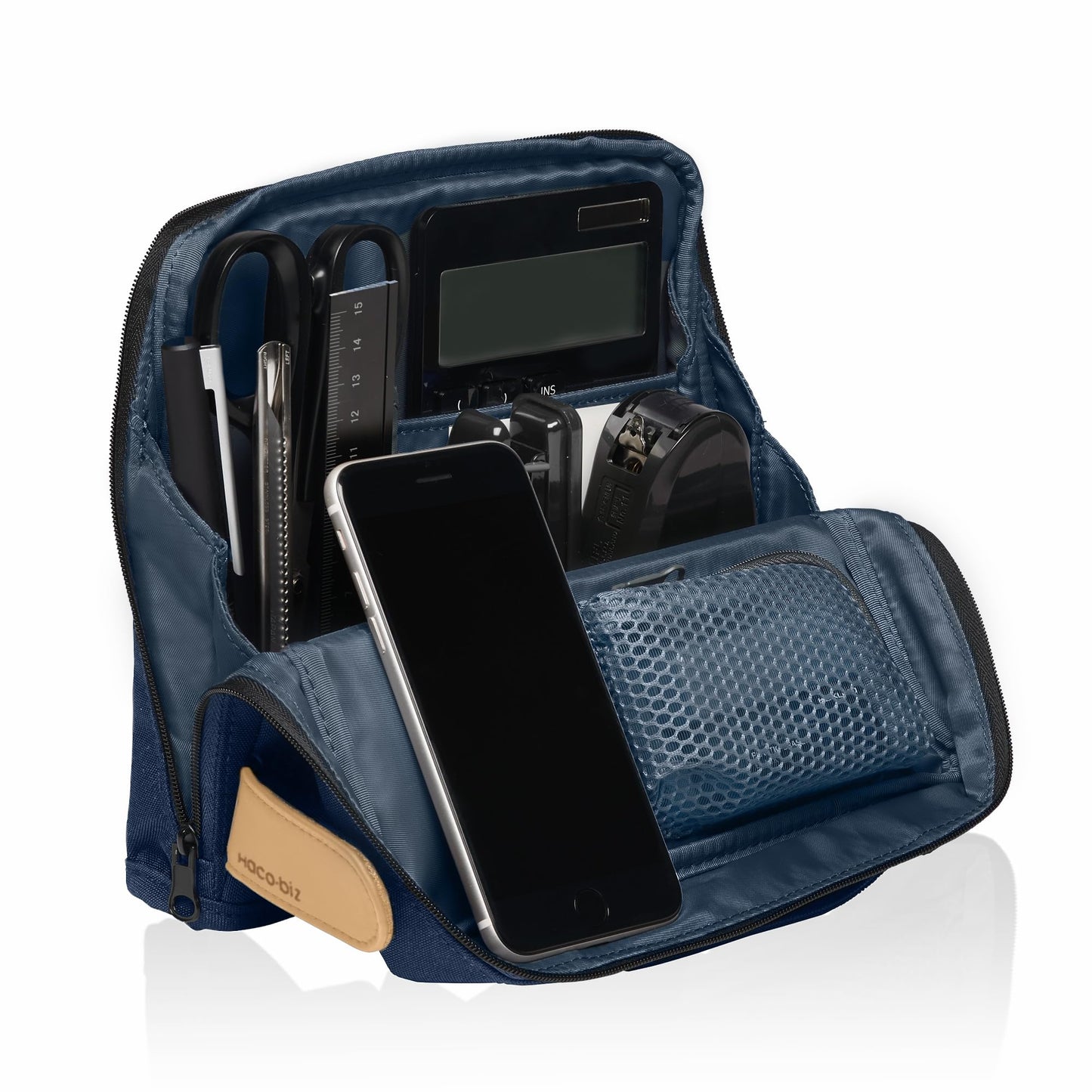 KOKUYO Pencil Case Pouch, Haco-Biz Standing Pen Pouch Bag, Foldable Stand up Pencil Holder Organizer, Large Capacity Portable Pencil Box for Office Supplies, Indigo Blue