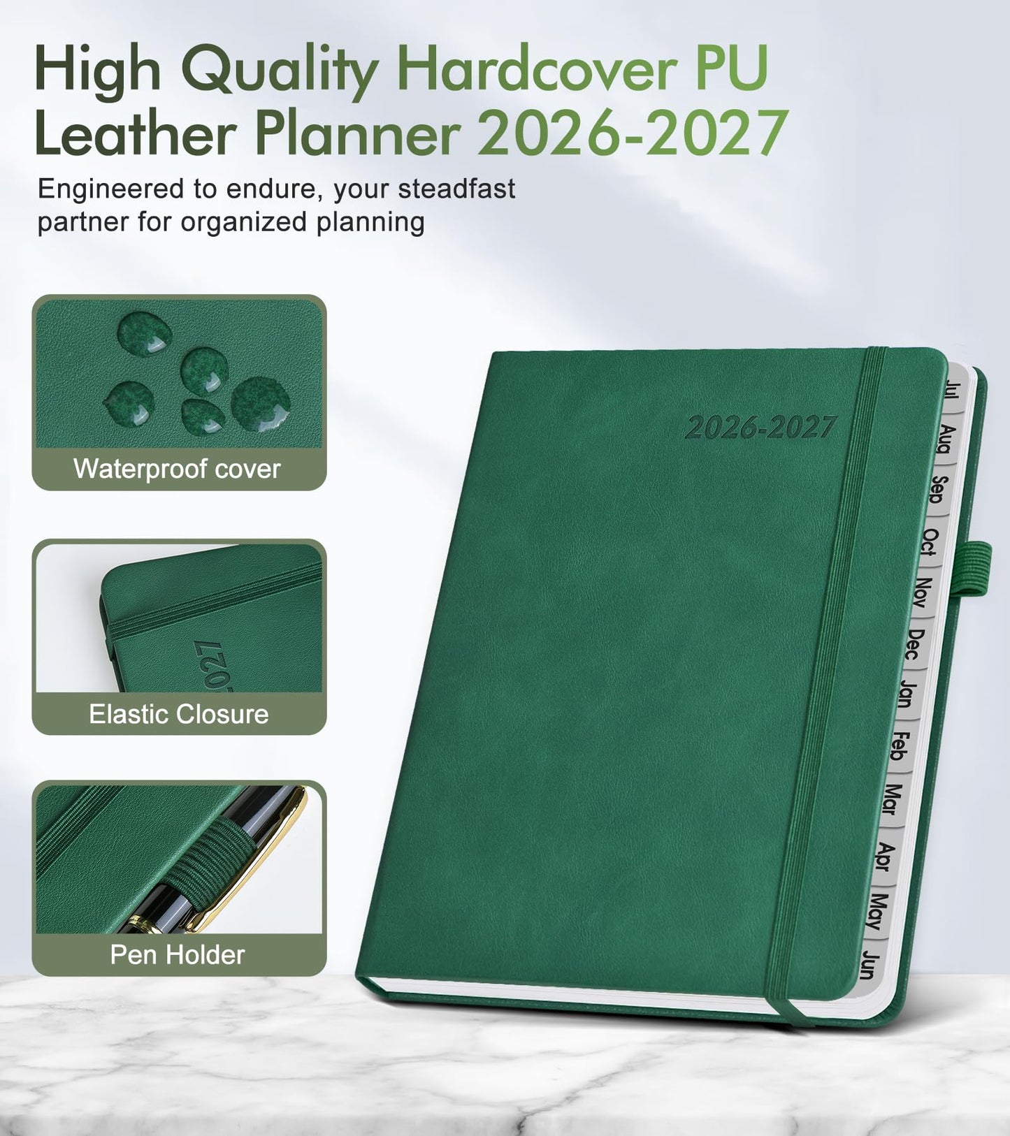 Planner 2026-2027, Academic Weekly and Monthly Calendar Planner from July 2026 - June 2027, Hardcover Leather Daily Agenda Book with Tabs, College School Organizer for Student Teacher, A5 (5.75" x 8.38"), Green