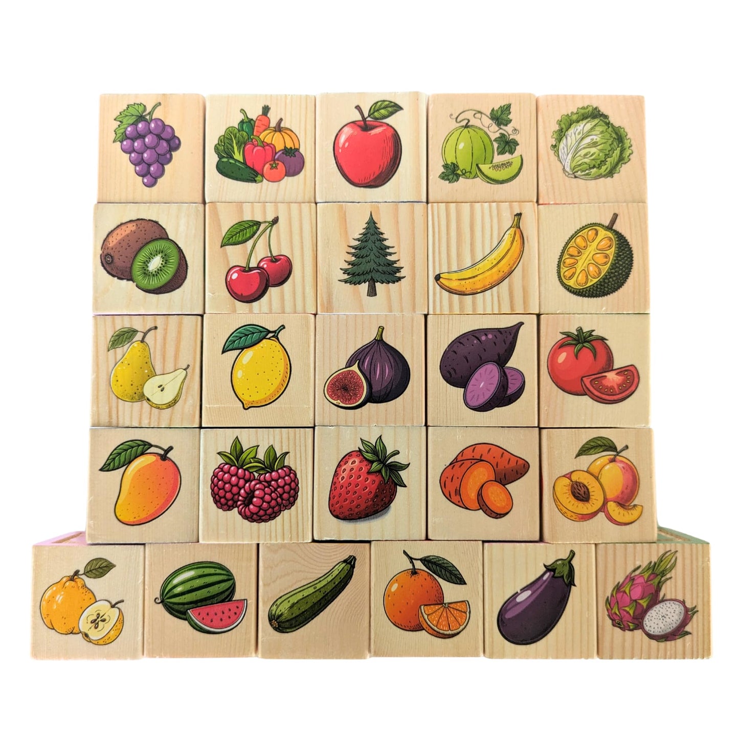 Tot Dojo ABC-123 Pine Wood Educational Blocks Set, 26 Pieces – Alphabet, Numbers, Animals, Fruits & Patterns for Toddlers