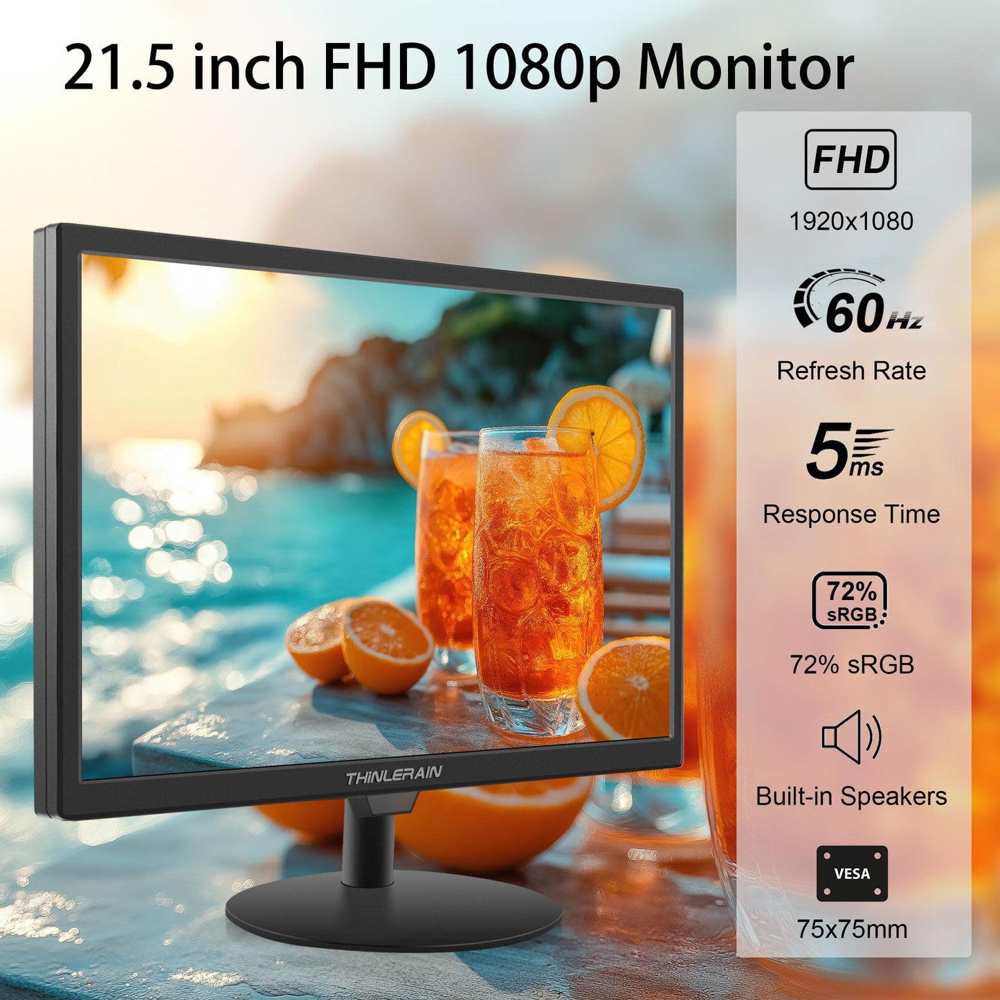 Thinlerain 21.5 inch Computer Monitor 1920x1080 PC Monitor with HDMI VGA AV BNC USB Ports, 60Hz, 5Ms, VESA, Display Build-in Speakers for Office Home