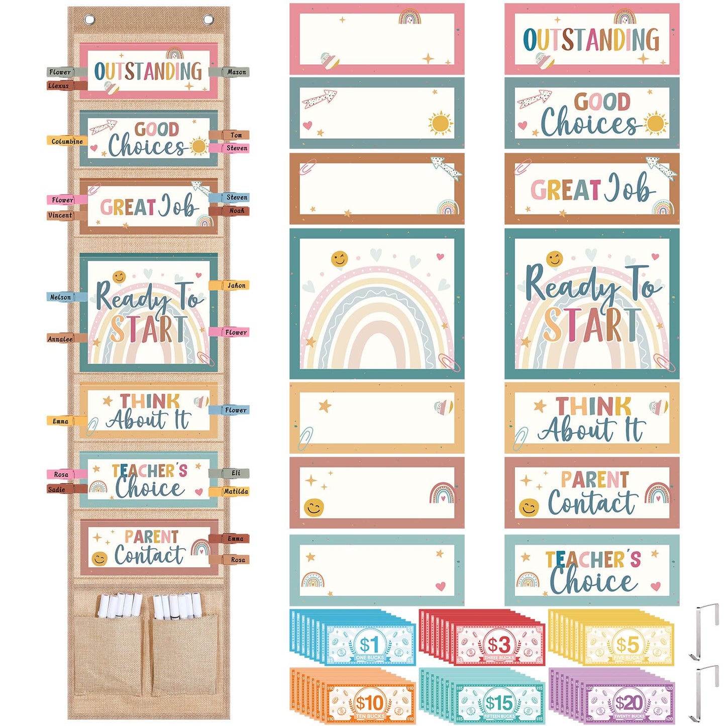 Pasimy 59 Pcs Student Behavior Clip Chart for Classroom Management Kids Track Reward Incentive Behavior Pocket Chart Boho Bulletin Board Teacher Supplies for School Office(Vibrant)