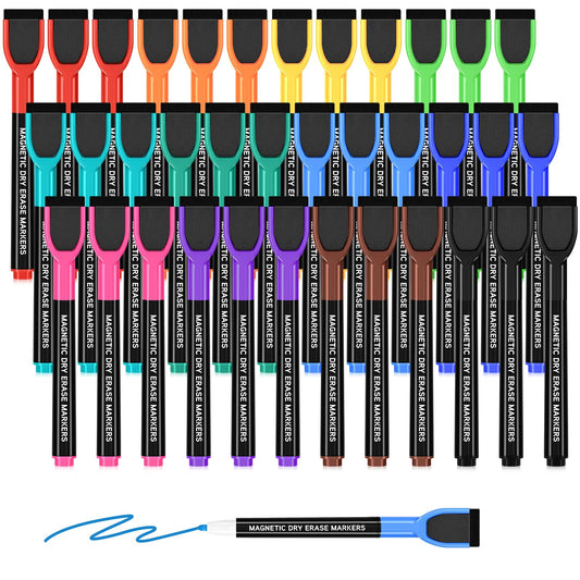 SUQJOY Magnetic Dry Erase Markers 36 Count, Fine Tip Whiteboard Markers with Eraser Caps, Low Odor, 12 Assorted Colors, for Fridge Calendar, Office and Home
