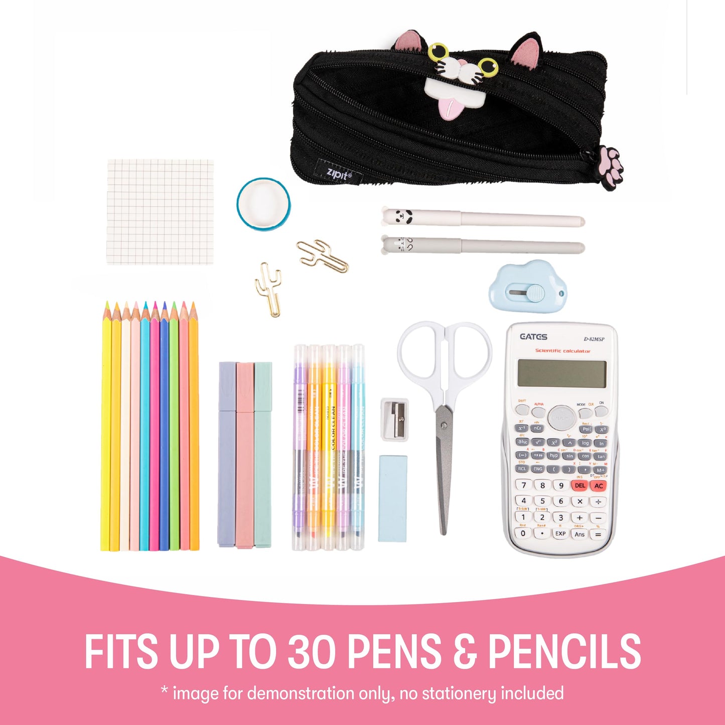 ZIPIT Cat Pencil Case for Girls, Cute Zipper Pouch for Kids Teens, Stationery Bag for School,Black