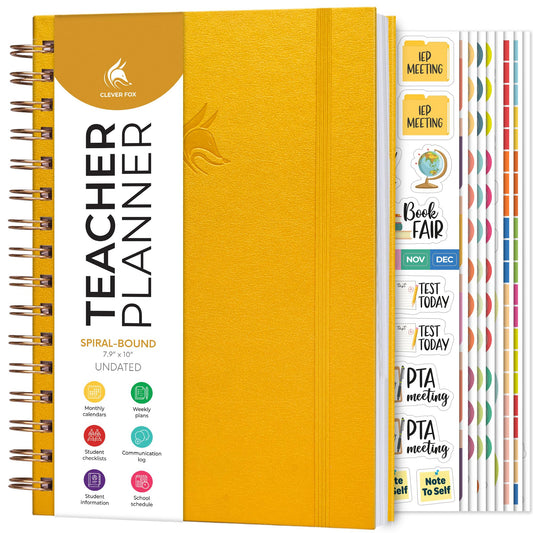 Clever Fox Teacher Planner Spiral – School Year Planner with Calendars & Lesson Plans – Teacher Plan Book for Classroom & Homeschool Organization - Undated, 7.9x10″ (Amber Yellow)