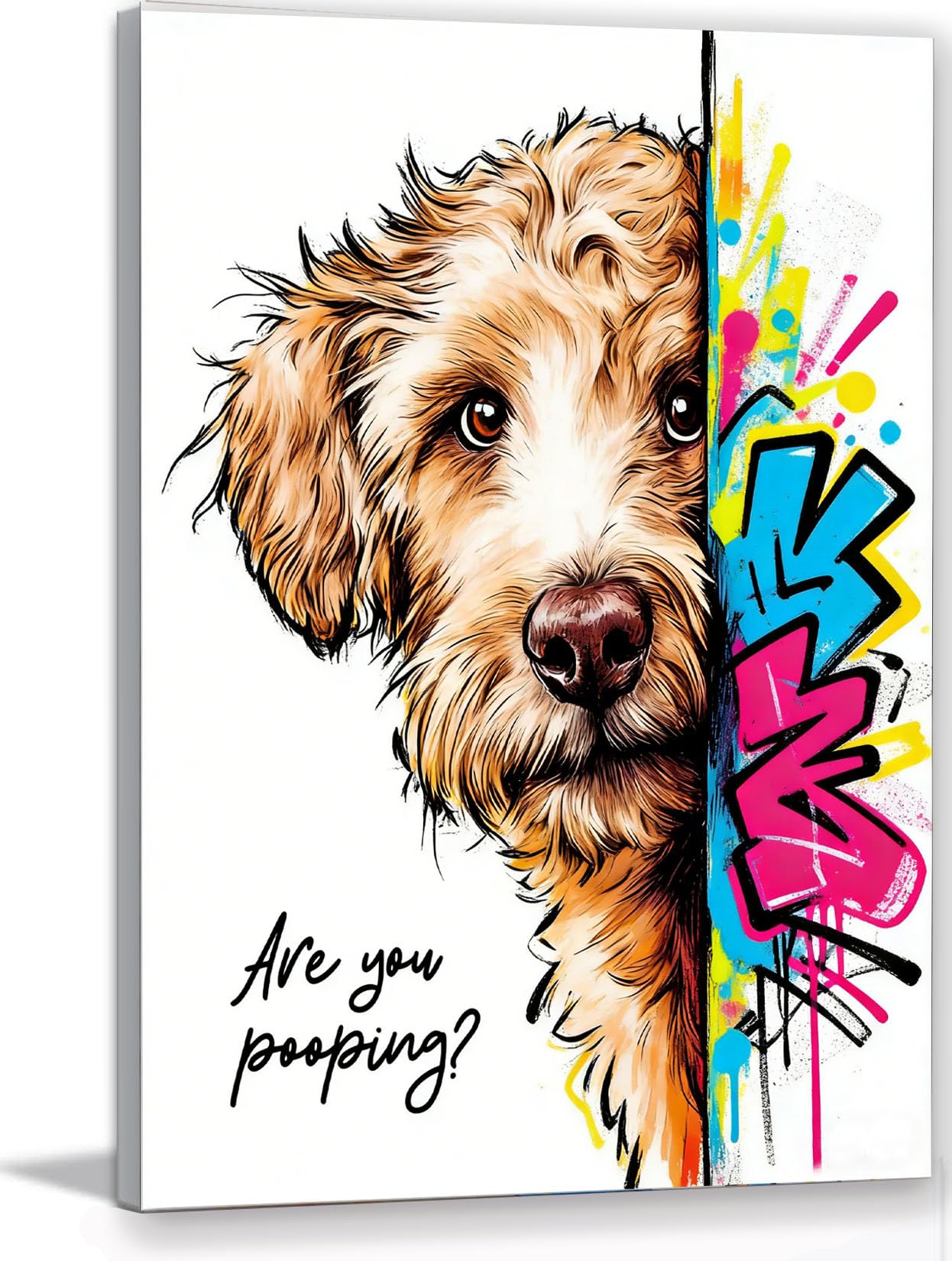12x16“ Funny Goldendoodle Dog Bathroom Wall Art, Are You Pooping? Graffiti Pet Canvas Print, Humorous Restroom Poster Decor for Bathroom Toilet, Modern Pop Art Dog Lover Picture (Framed)