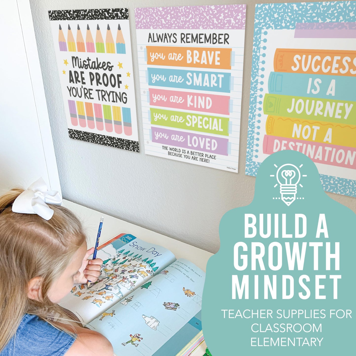 Hadley Designs Motivational Poster for Classroom Decor -9 Growth Mindset Classroom Posters Elementary, Inspirational Wall Decor Middle School, Teacher Must Haves, Pastel Bulletin Board Decorations