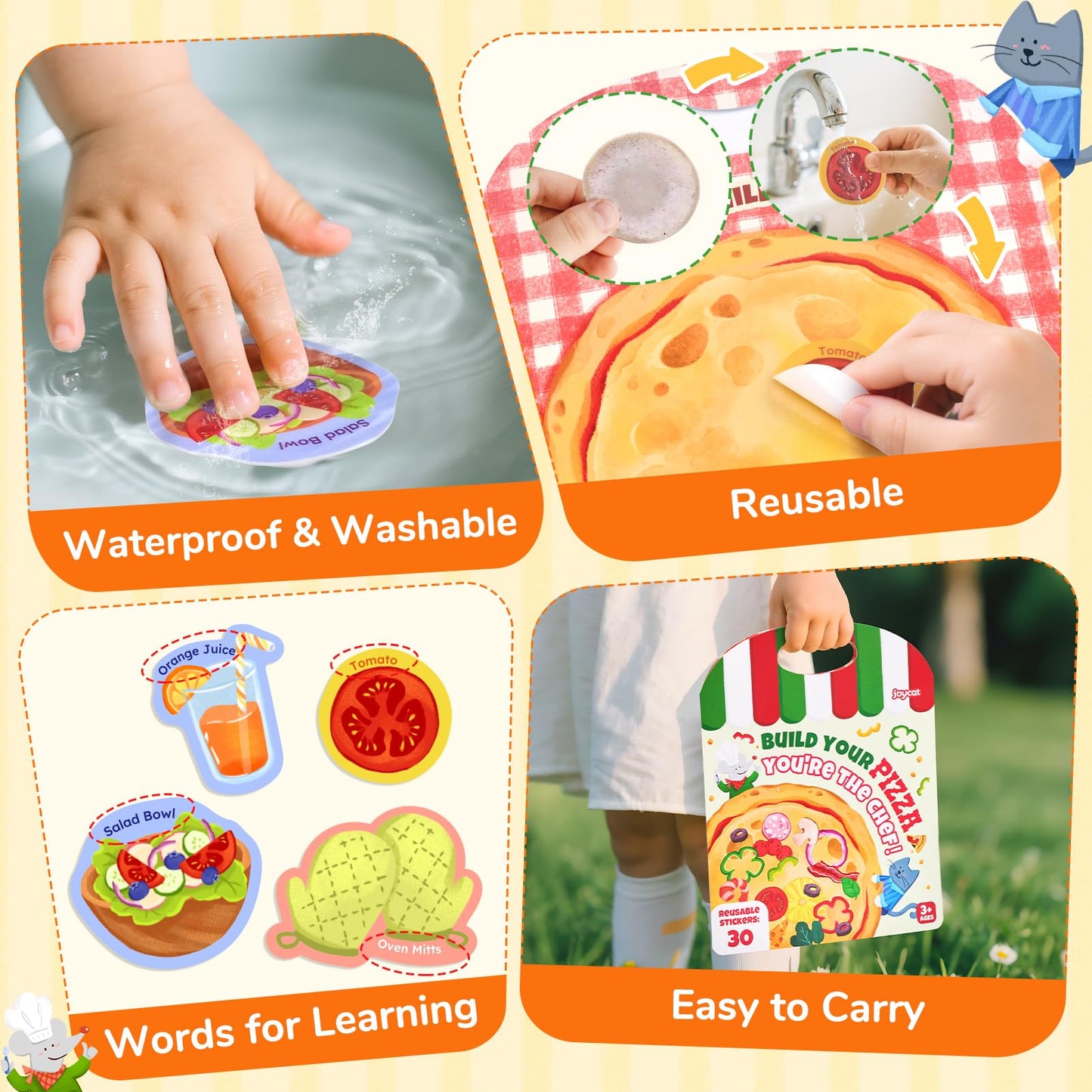 JoyCat Reusable Sticker Book - Stickers for Toddlers, Kids Sticker Activity Book, Travel Toys for Road Trip, Car & Airplane, Educational Learning Gifts for Boys and Girls Ages 3-5 (Pizza-Making)