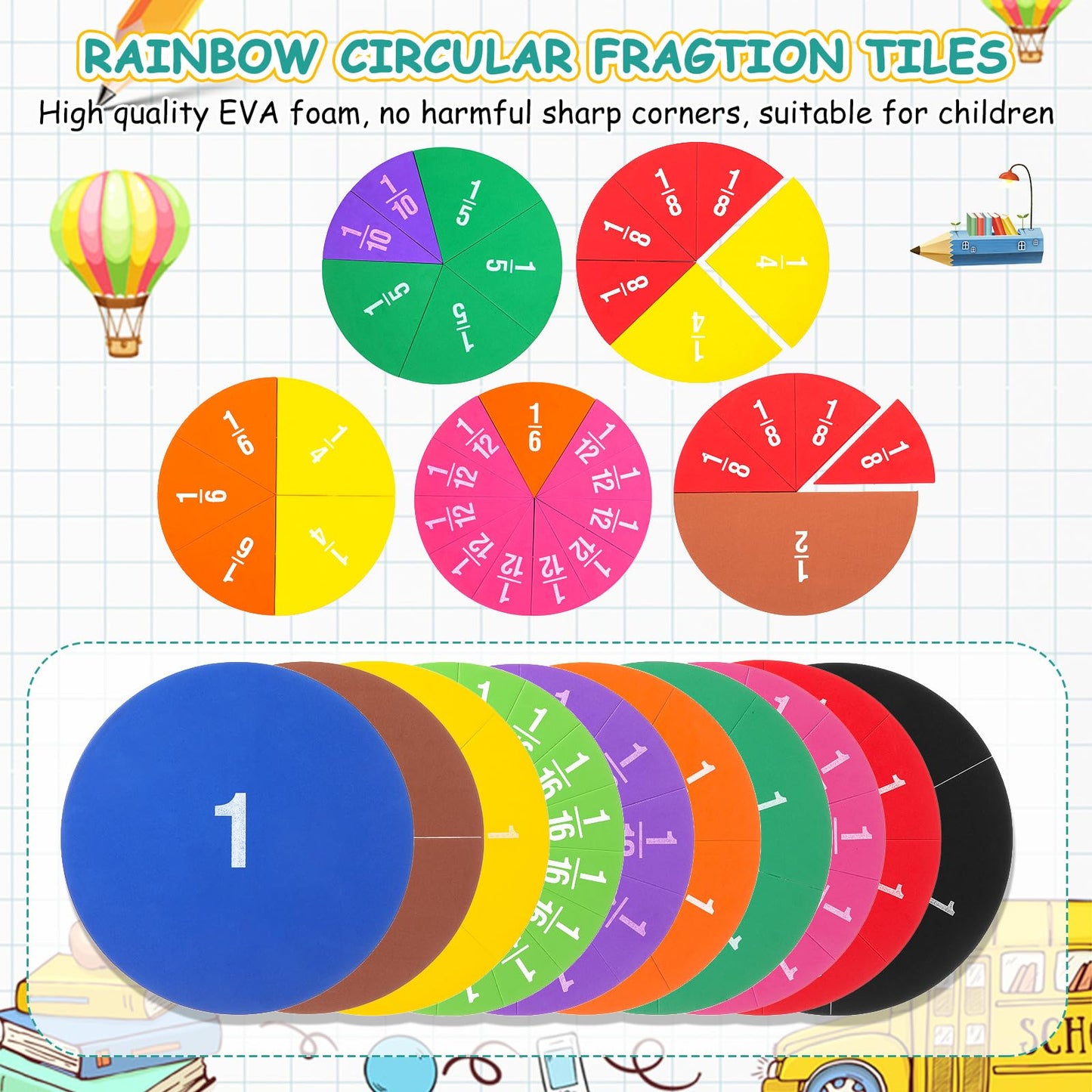 Sayglossy Jumbo Magnetic Fraction Circles Set for Rainbow Teacher Math Manipulatives for Learning Large Education Visuals Fraction Games Supplies 8 Inches Diameter