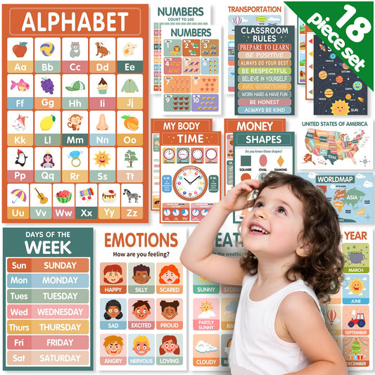 Toddler Learning Posters -18 Boho Educational Posters for Toddlers 1-5 - Laminated ABC, Numbers, Colors & Shapes Charts for Preschool & Kindergarten - Homeschool Classroom Decor (11x17" Standard Size)