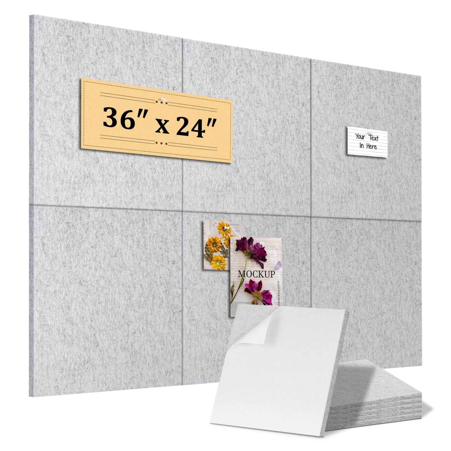 QUEENLINK Large Cork Board 36"x24", 6-Pack Self-Adhesive Felt Bulletin Board Tiles with 60 Push Pins, Square Felt Wall Panels Pin Board Tack Board Wall Organizer for Home Office Decor, Light Grey