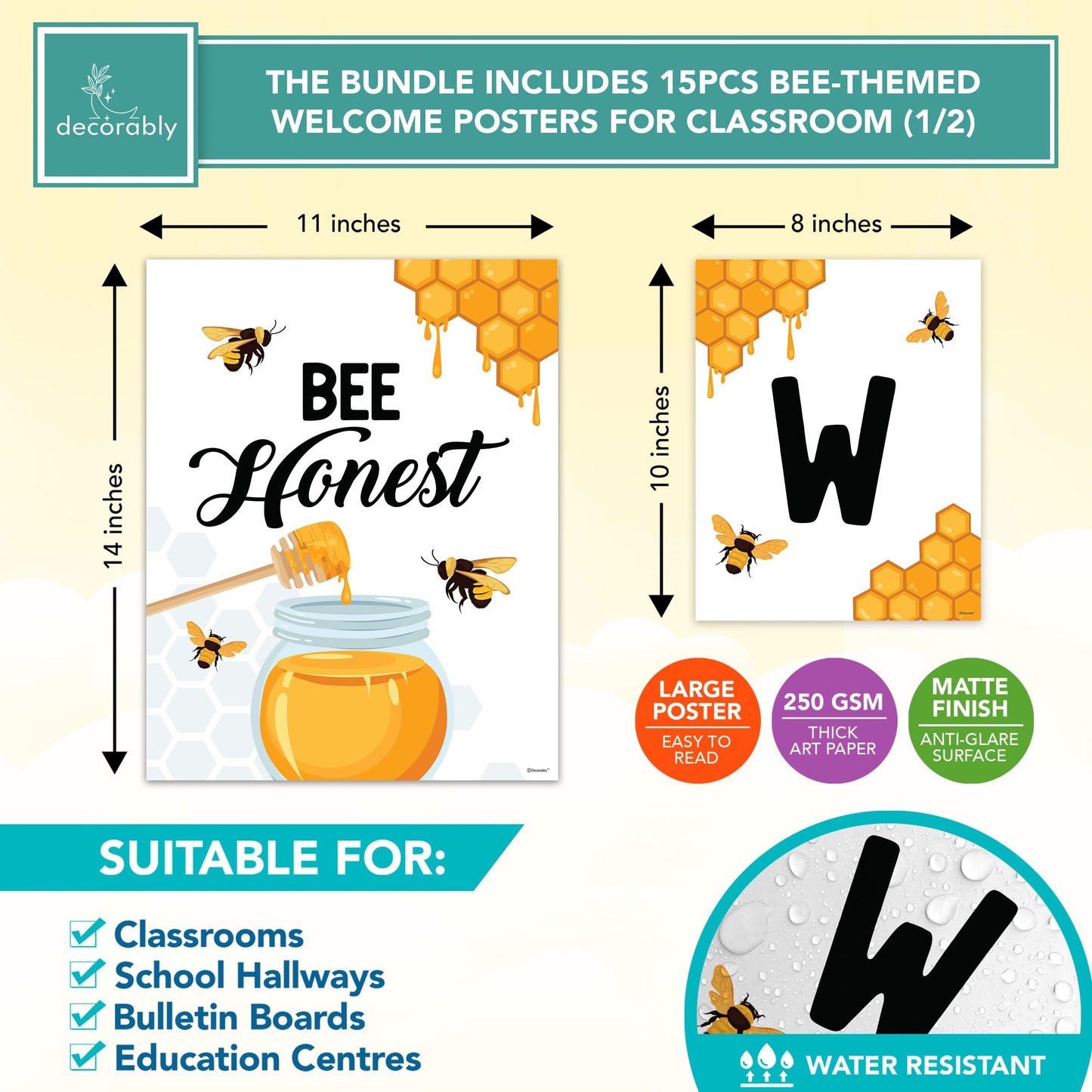 Decorably Bee-Themed Welcome Posters and Bulletin Board Decorations Set for Classroom