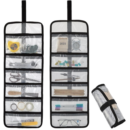 Small Roll Up Storage Bag, 6 Pockets Roll Up Tool Kit, Suitable for Mechanics, Kitchen Storage, Art Sketching, Travelling, Potter's Tools, Office Objects, Transparent and Visible, Space-Saving 2 Pack