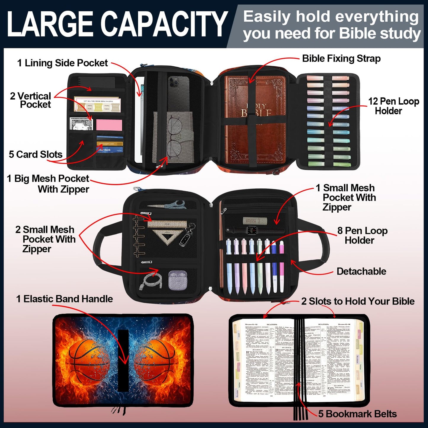 IBOVODI Basketball Bible Cover Case for Boys Kids, Ice Fire Ball Mens Large Bible Bag Book Carrying Case Handle Zipper Pocket, Bible Study Supplies Journaling Kit, Highlighters Tabs Pens Cross Clips