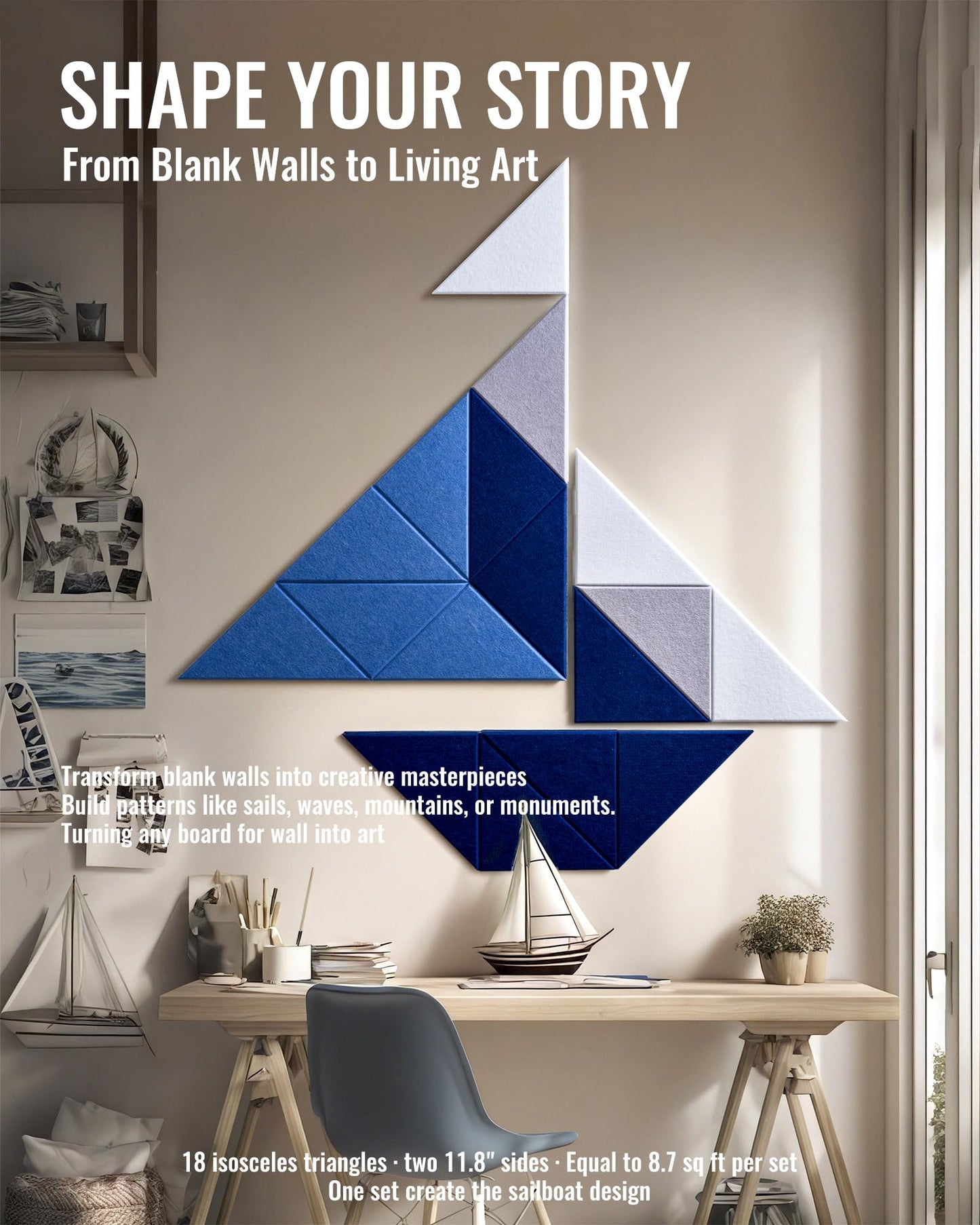 PebblingQ Felt Wall Tiles Bulletin Board, Marine Blue White Panels, Modular Decorative Boards for Home Office, Kids Room, Nursery, DIY Geometric Art Display, 18 Pack 11.8" Triangle Tiles (Marine)