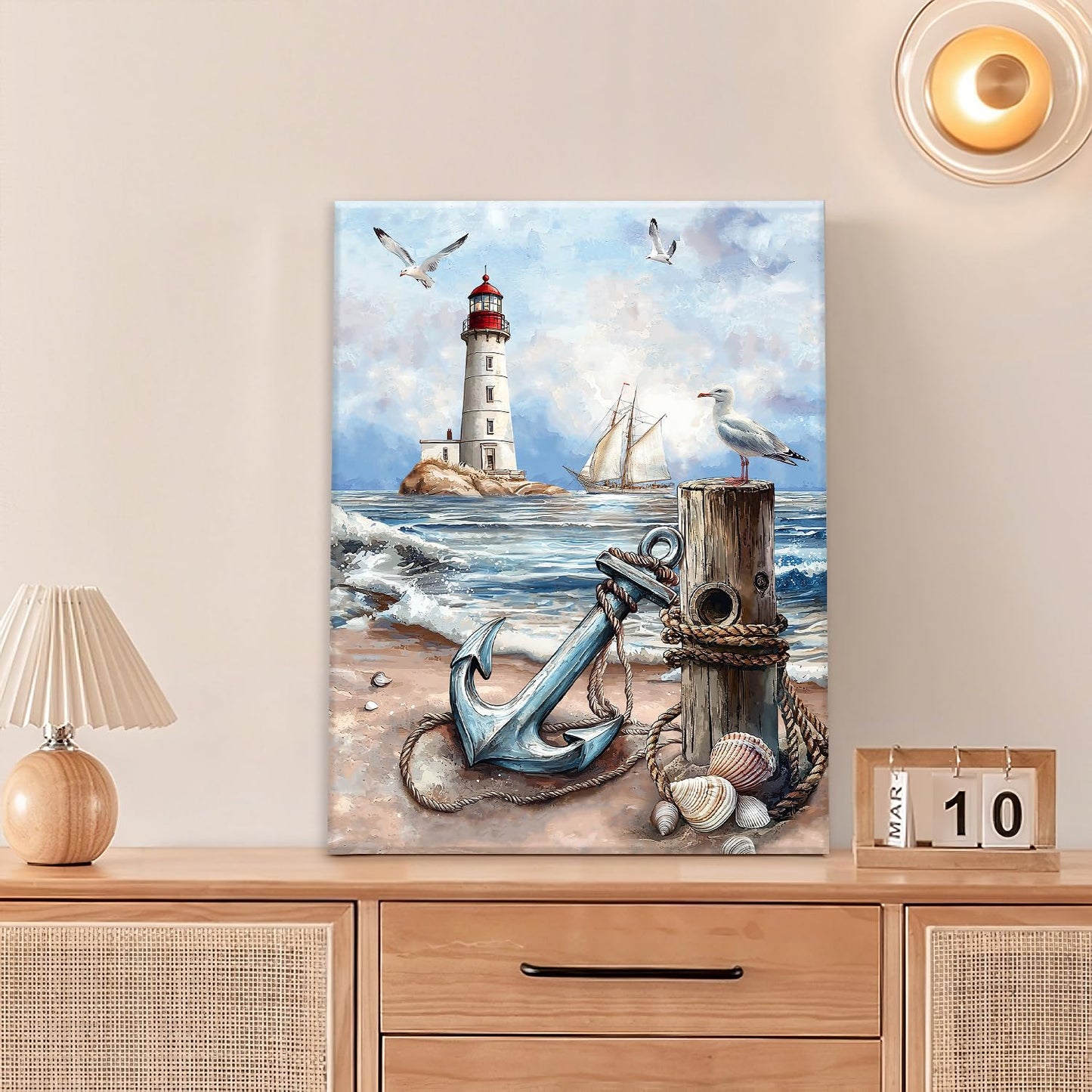 Nautical Wall Art Beach Lighthouse Anchor Pictures Wall Decor Coastal Canvas Prints Framed Paintings Artwork For Bathroom Kitchen Bedroom Dinning Room Living Room Office 12"x16"