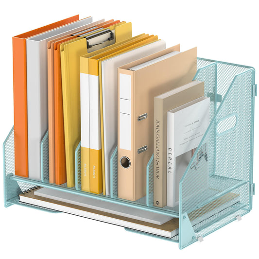 OrgMate Desk File Folder Holder Organizer-5 Vertical Compartments Racks and Paper Letter Tray,Mesh Magazine File Holder Sorter,Desktop Accessories & Workspace Organizers for Home,Office,School-Blue