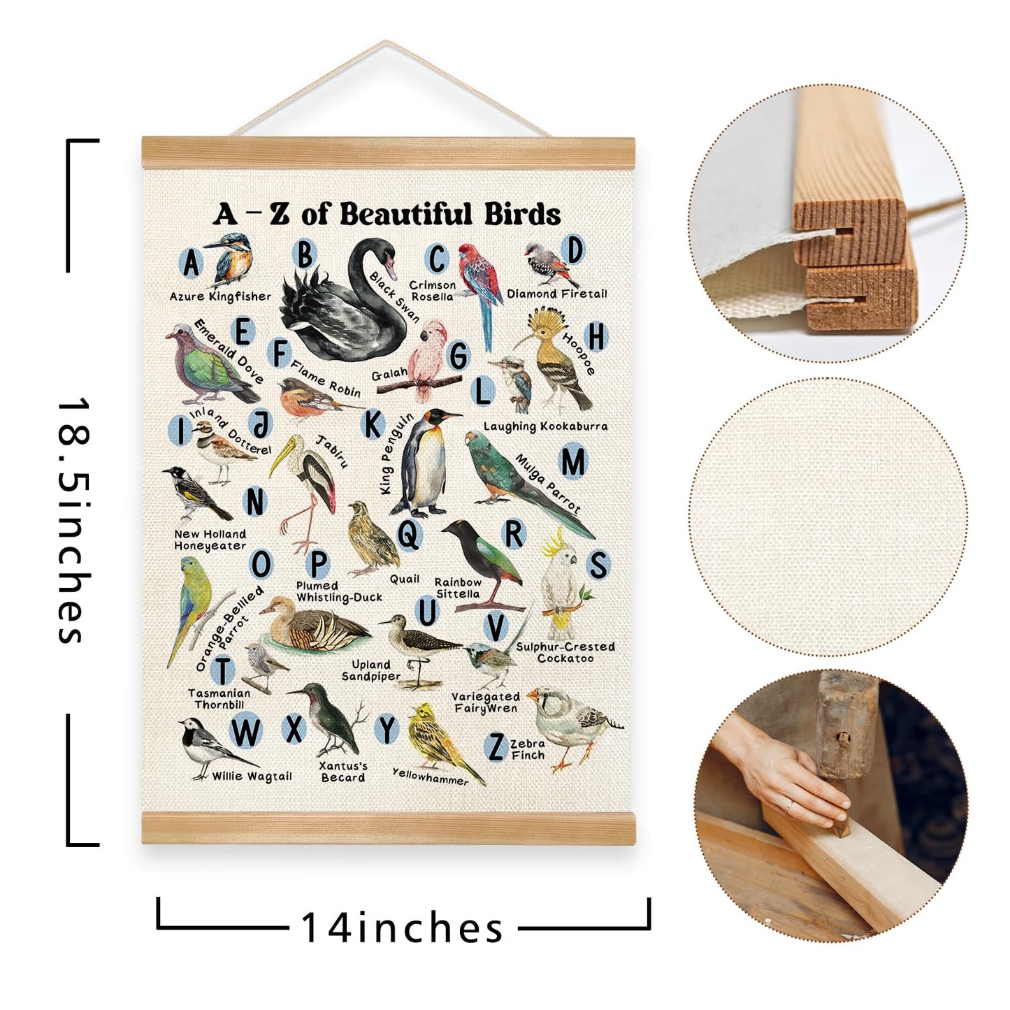 Alphabet Educational Wall Art Poster for Daycareof,A-Z Beautiful Birds Canvas Print Poster for Preschool, Toddler Learning Poster for Nursery Classroom Playroom,Kids Room Decor 14x18.5inch (1, Beige-Bird)