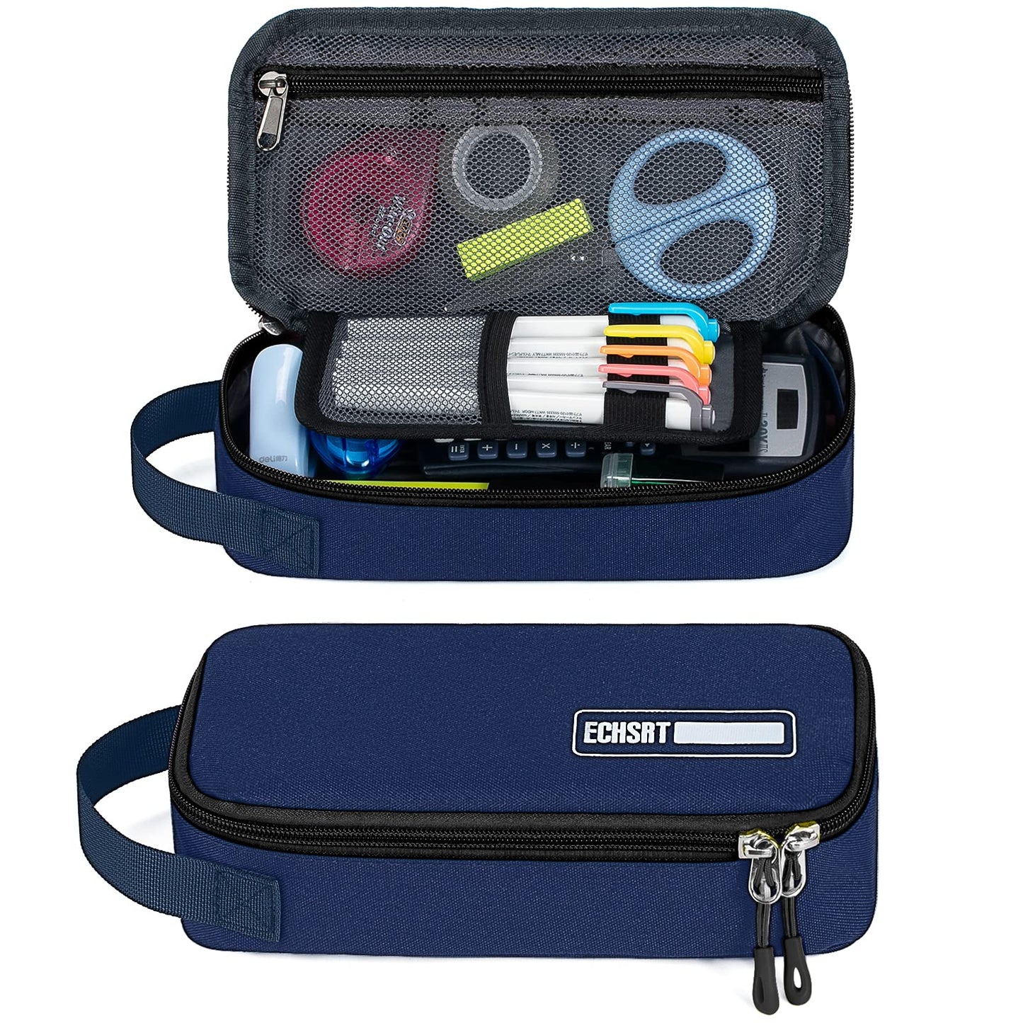 ECHSRT Large Pencil Case, Aesthetic Pen Pouch with Big Capacity, Minimalist Portable Stationery Bag with Handle for Office Organizer Blue Pencil Cases