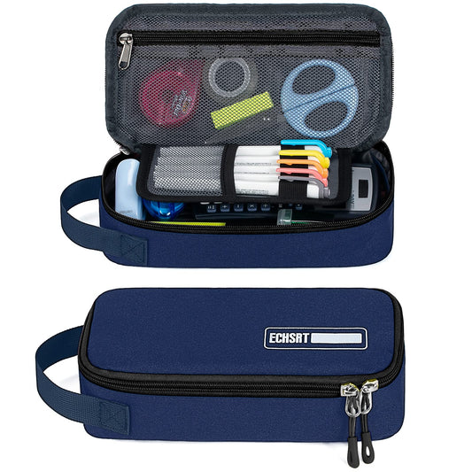 ECHSRT Large Pencil Case, Aesthetic Pen Pouch with Big Capacity, Minimalist Portable Stationery Bag with Handle for Office Organizer Blue Pencil Cases