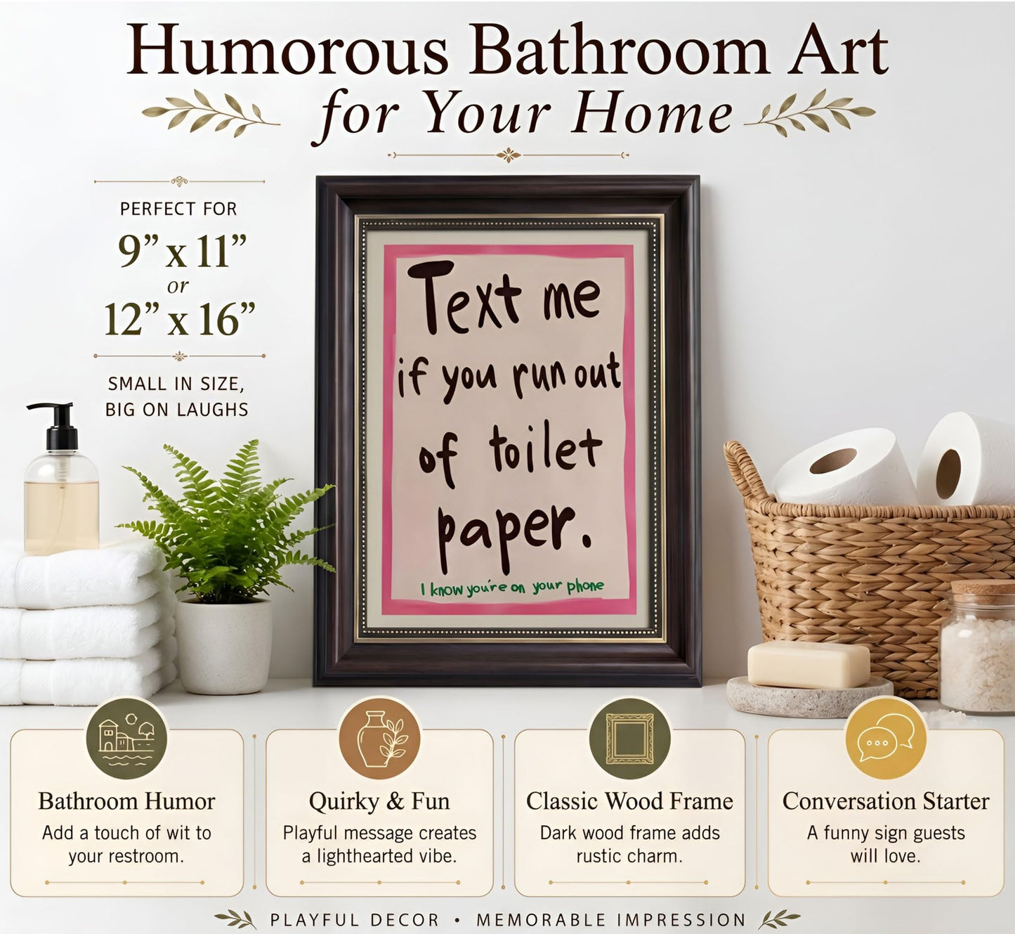 Dark Brown Framed Funny Bathroom Quotations Canvas Wall Art Message Me If You'Re Out Of Toilet Paper Wall Decor Picture Pink Humor Bathroom Poster Print for Toilets And Restrooms. Prepare To Hang