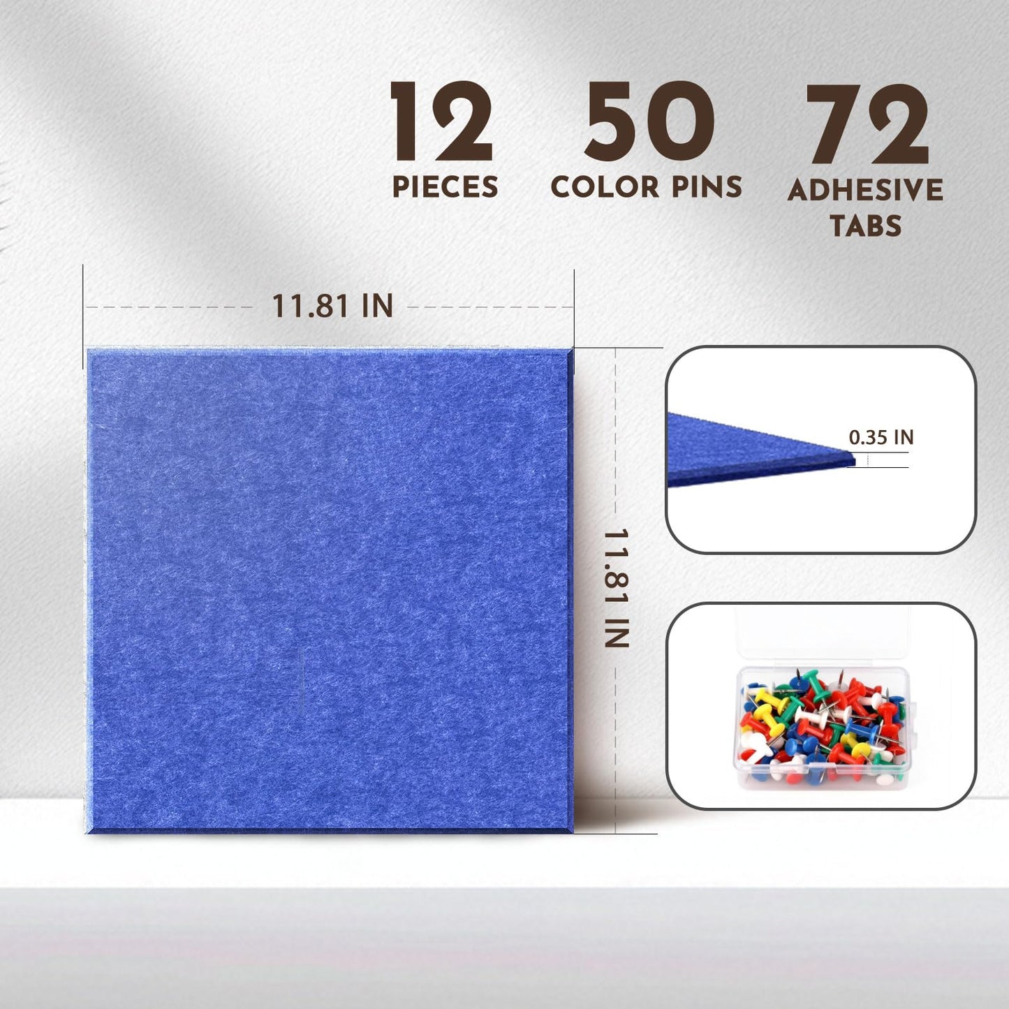 MISSDAY Blue Acoustic Wall Panel Felt Bulletin Board 48" x 36" Cork Board for Wall, 12-Pack Boards with 72 Removable Adhesive Tabs, 50 Pins, Pin Board for Home Office Classroom Soundproof Wall Tile
