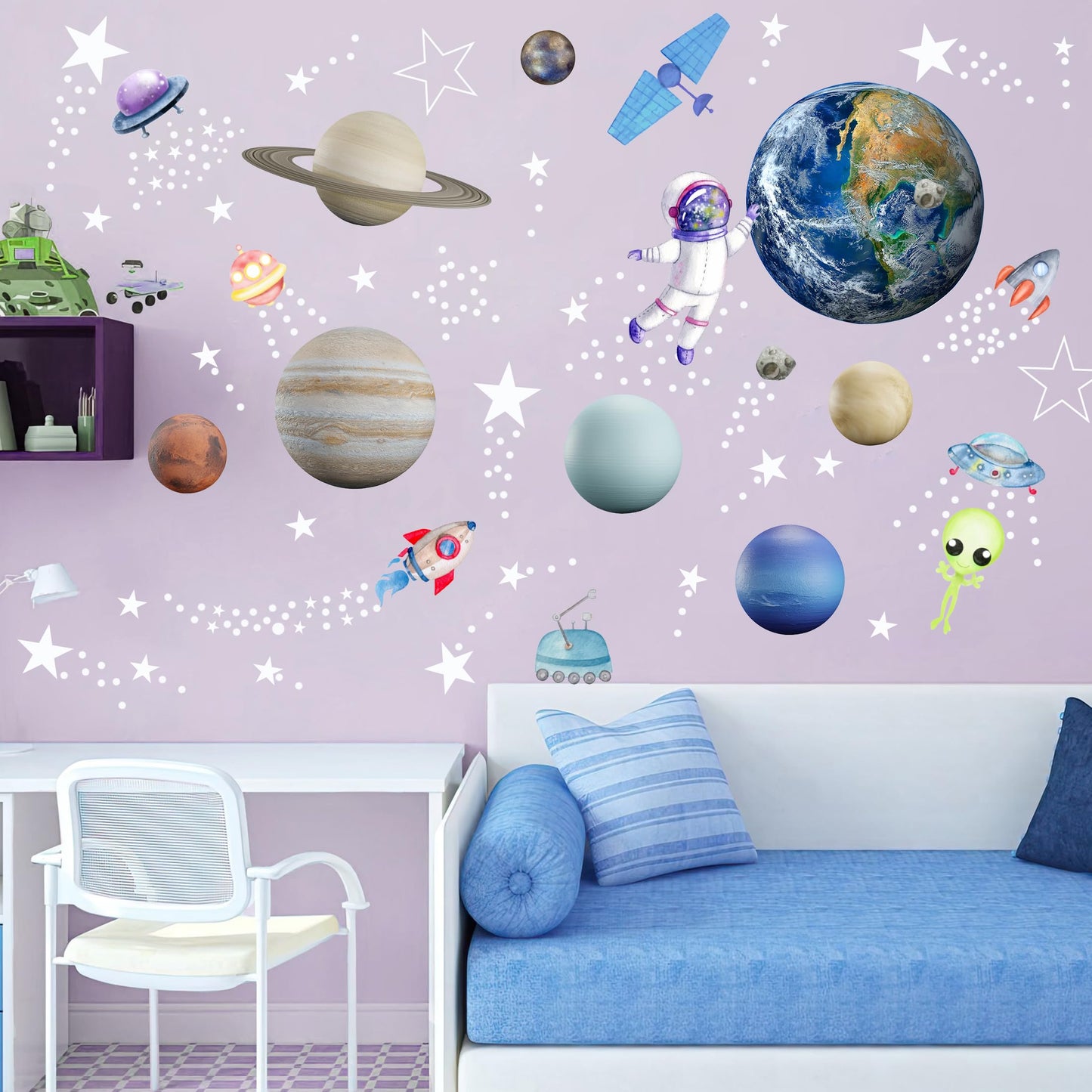 Glow in The Dark Stars Solar System Wall Decals, Star and Planets Stickers for Ceiling, Kids Wall Sticker Space Room Decor (Blue)