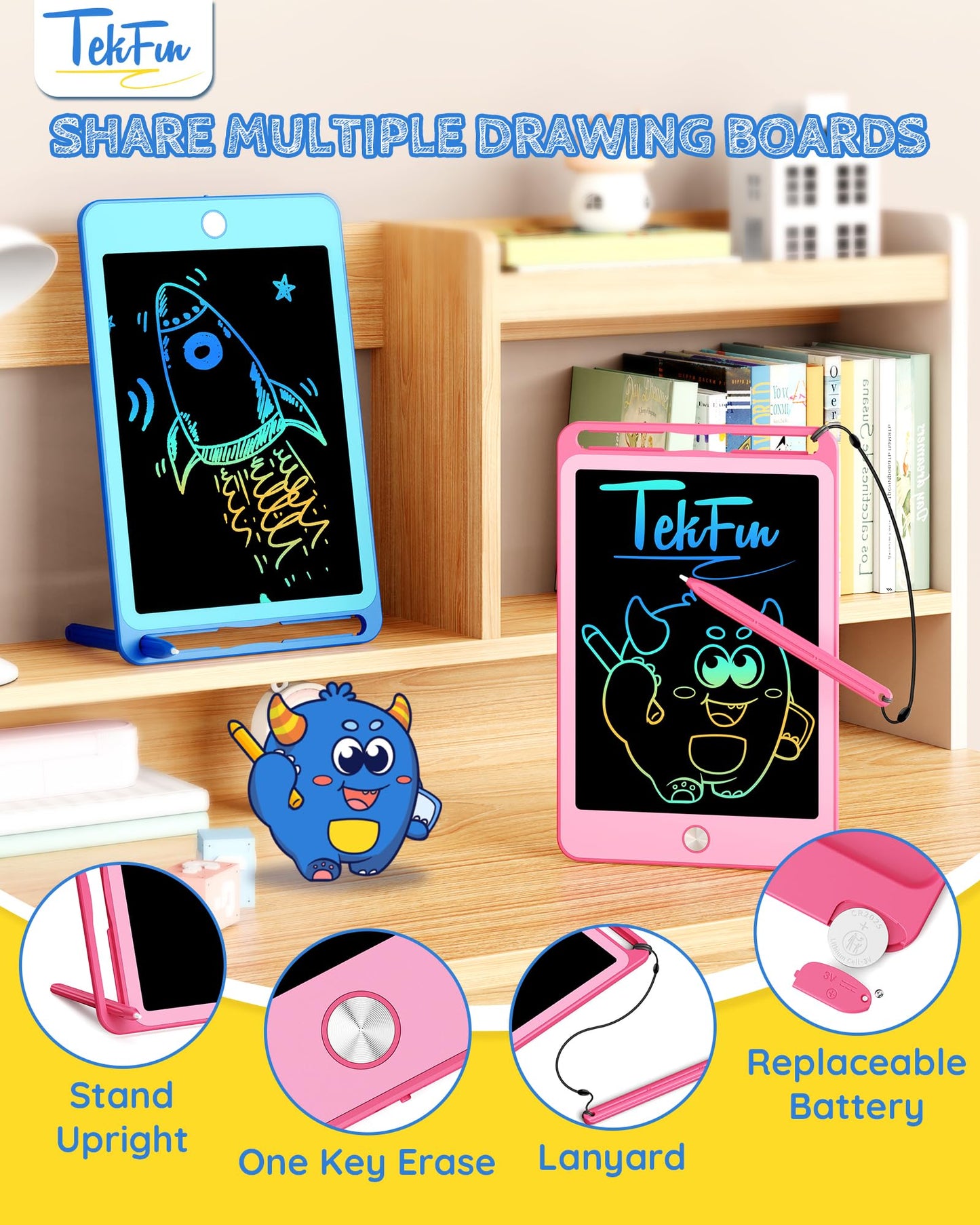 TEKFUN 2 Pack LCD Writing Tablet for Kids, 8.5 Inch Blue+Pink Doodle Board Drawing Board Drawing Tablet with Lanyard, Educational Kids Easter Christmas Toys Birthday Gift for Boys Girls 3-12 Years Old