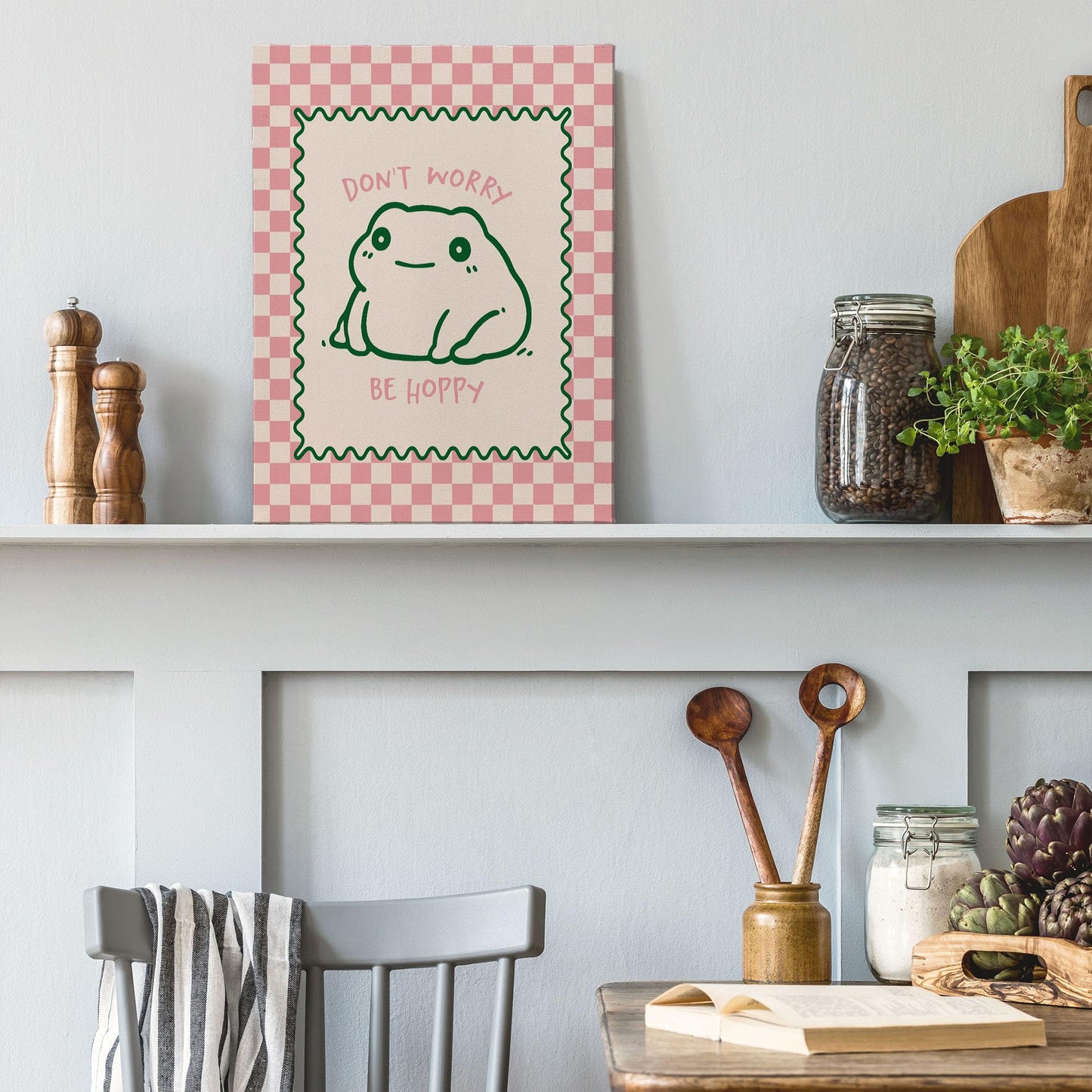 XINCEYWJ Frog Decor, Cute Funny Frog Classroom Wall Decor, Don't Worry Be Hoppy Pink Checkered Canvas Art Prints Framed, Mental Health Cute Funny Wall Art for Kids Bathroom Bedroom Office, 11x14 In