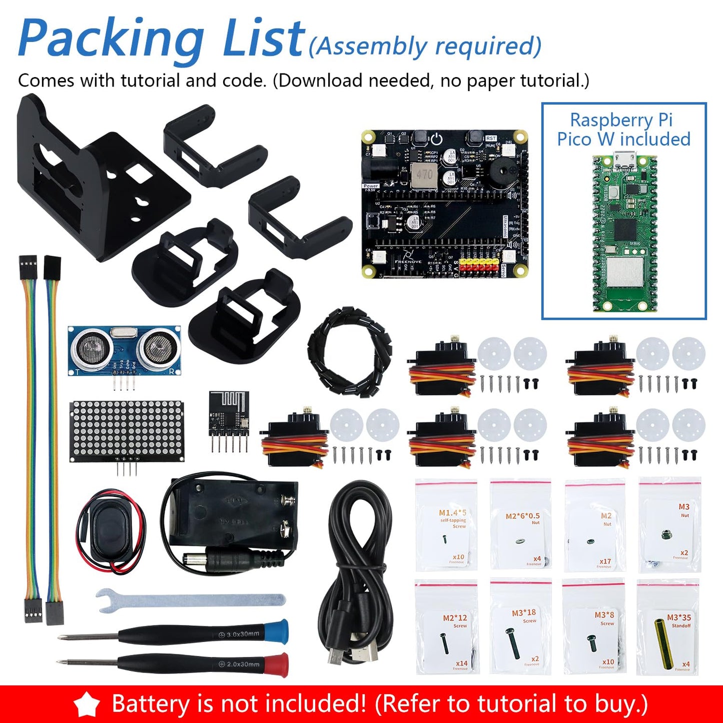 Freenove Bipedal Robot Kit for Raspberry Pi Pico W (Included) (Compatible with Arduino IDE), LED Matrix Expressions, Obstacle Avoidance, Colorful Lights, Buzzer, Speaker, App