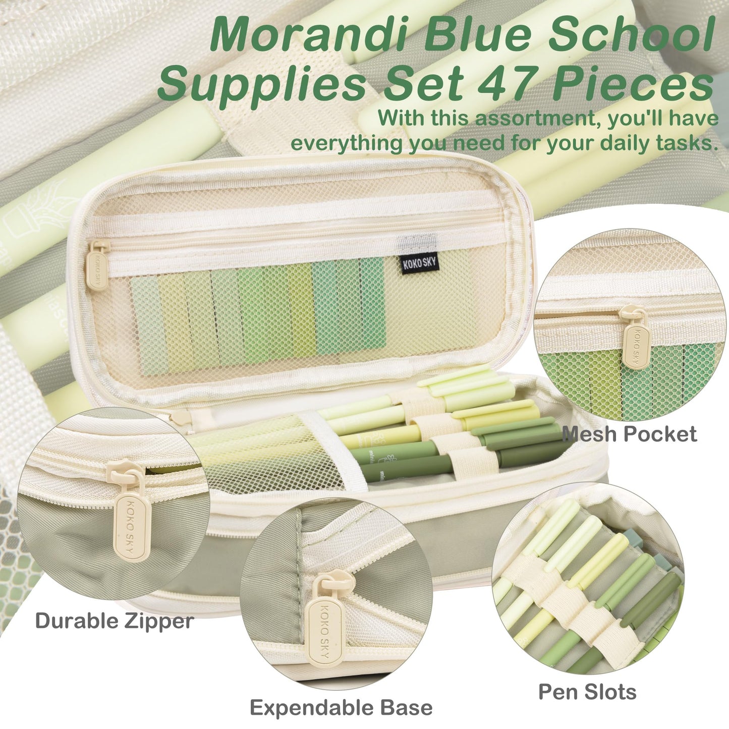 ChezAbbey 47Pcs Aesthetic School Supplies with Pencil Pouch - Cute College Essentials Set, Big Capacity Pen Case, Pastel Highlighters, Bible Study Journaling Stationary Kit (Green)