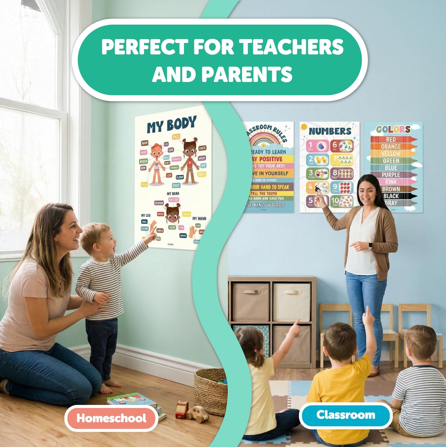 EXCOOL CLUB 16 Laminated Boho Educational Posters For Toddlers - Toddler Learning Posters For Kids, Homeschool Kindergarten Classroom Must Haves, Abc Number Chart Prek Classroom Decor
