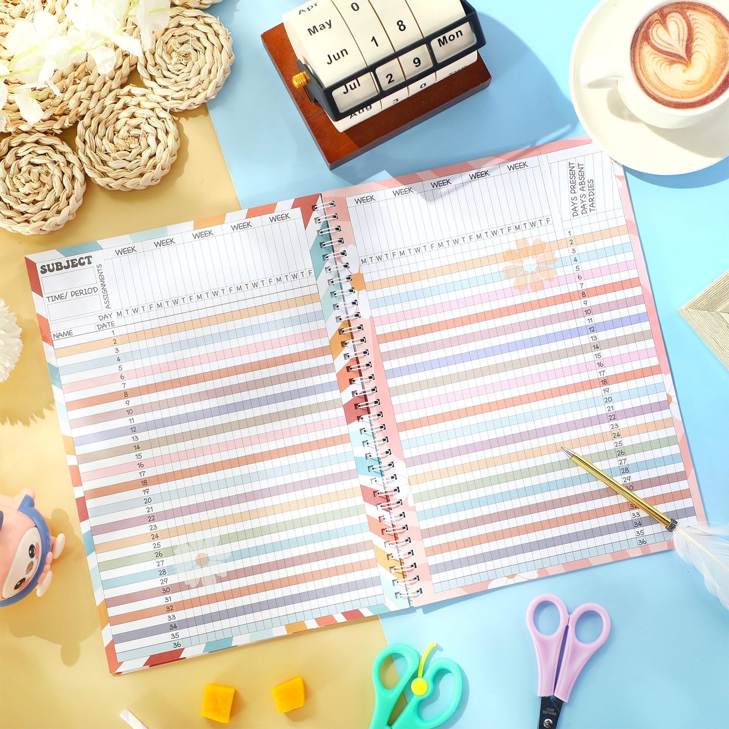 Fuyoooo Teacher Record Book Teacher Grade Books 2026-2027 Spiral Bound Record Planner 2026 Class Grade Book Office Favors for Classroom Attendance Decoration Double Sided(Retro Groovy)
