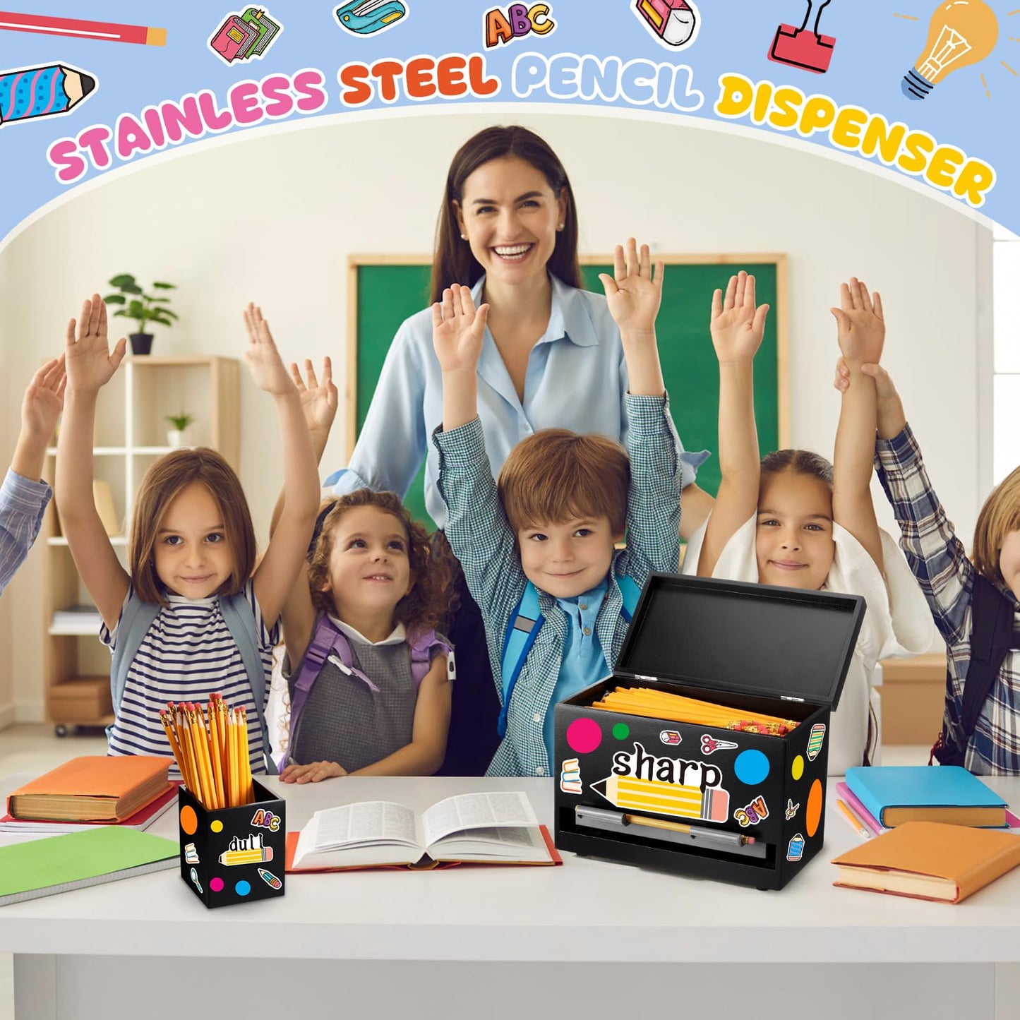 Watersay 108 Pcs Pencil Dispenser Kit for Classroom Wooden Sharp and Dull Pencil Holder 50 Pencils 50 Sharpener 6 Sticker Classroom Teacher Must Have Straw Dispenser for Back to School(Black)