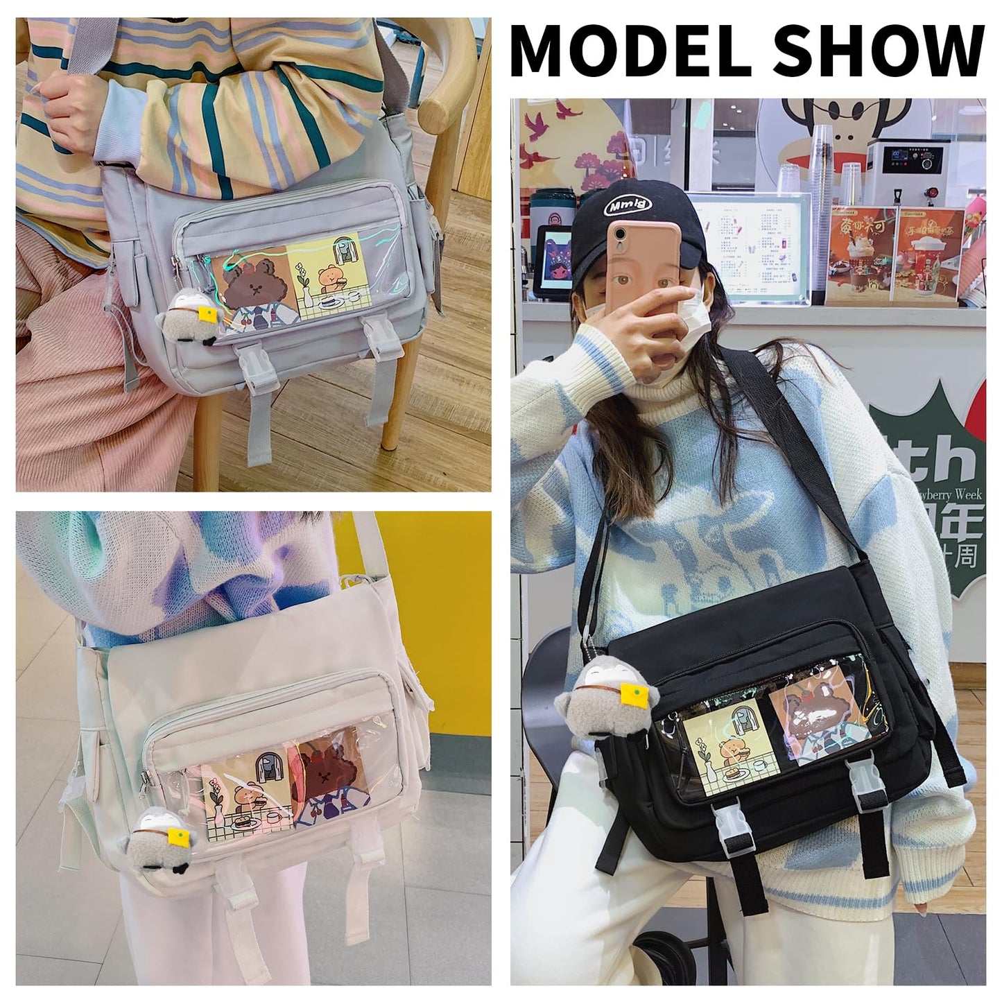 Kawaii Crossbody Ita Bag for Women with Pin and Plush Penguin, Cute Messenger Bag Japanese Crossbody Bag Y2K Purse Black Fit 15.6 Inch Laptop