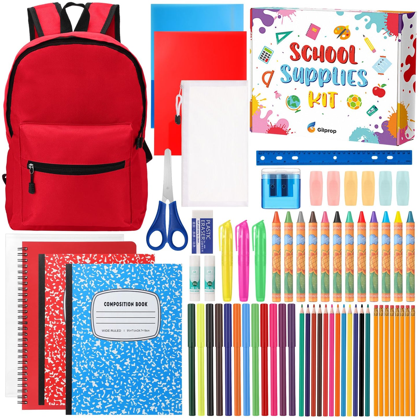 Gilprop 79 Pcs Back to School Supplies Box for Kids K-5 Students Elementary Middle School Supplies Kit Bundle Bulk Essential Pen Notebook Stationery for Primary Student Classroom(Red)