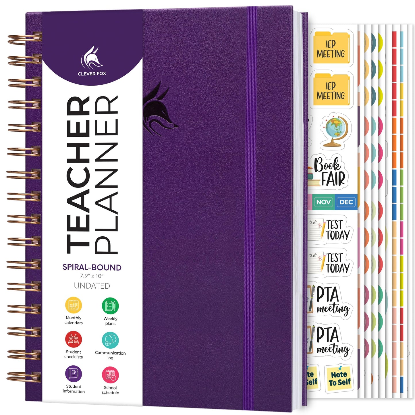 Clever Fox Teacher Planner Spiral – School Year Planner with Calendars & Lesson Plans – Teacher Plan Book for Classroom & Homeschool Organization - Undated, 7.9x10″ (Purple)