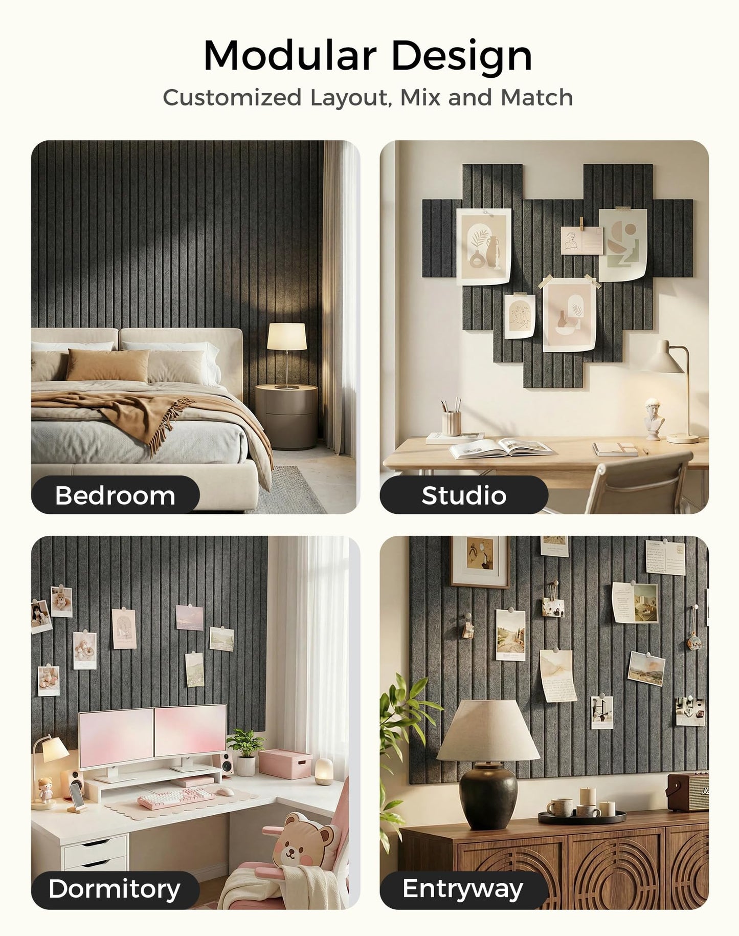 Aothia 12-Pack Felt Bulletin Board Tiles 48"x36", Modular Pin Board for Smooth Walls, Cork Board Alternative for Notes & Photos, 0.35" Thick, 70 Adhesive Tabs & 40 Pins, Charcoal Gray
