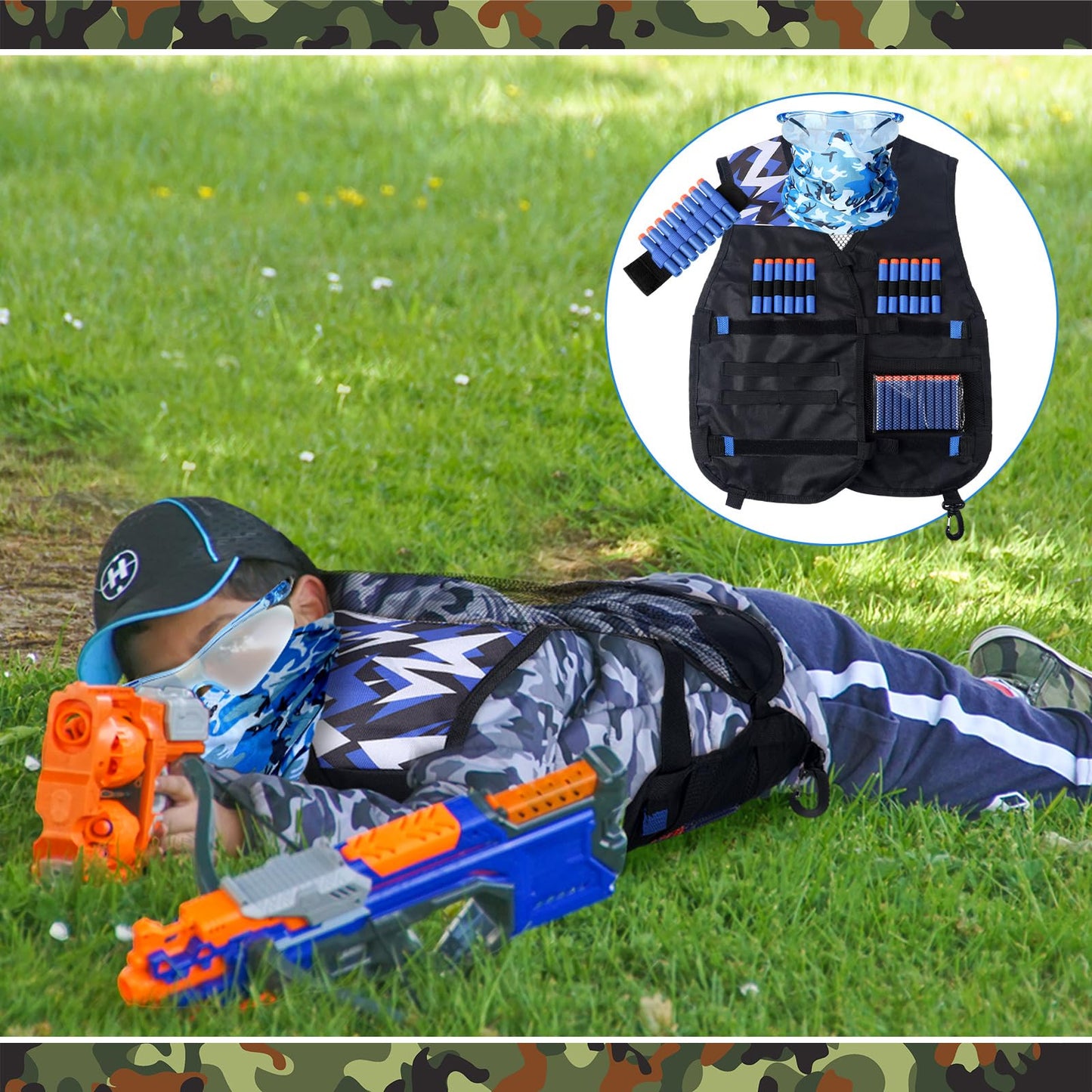 Sosation 12 Sets Kids Tactical Vest Tactical Party Supplies Favor Accessories, Face Mask Wrist Holder Toy Gift (Green and Blue)