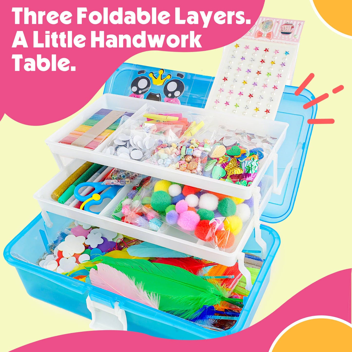 SMILESSKIDDO Arts Craft Supplies for Kids - 1000+ PCS Toddler DIY Craft Art Supply Set, Portable 3 Layered Folding Storage Box School Craft Projects - Gifts for Girls Ages 4-8, 8-12, Blue