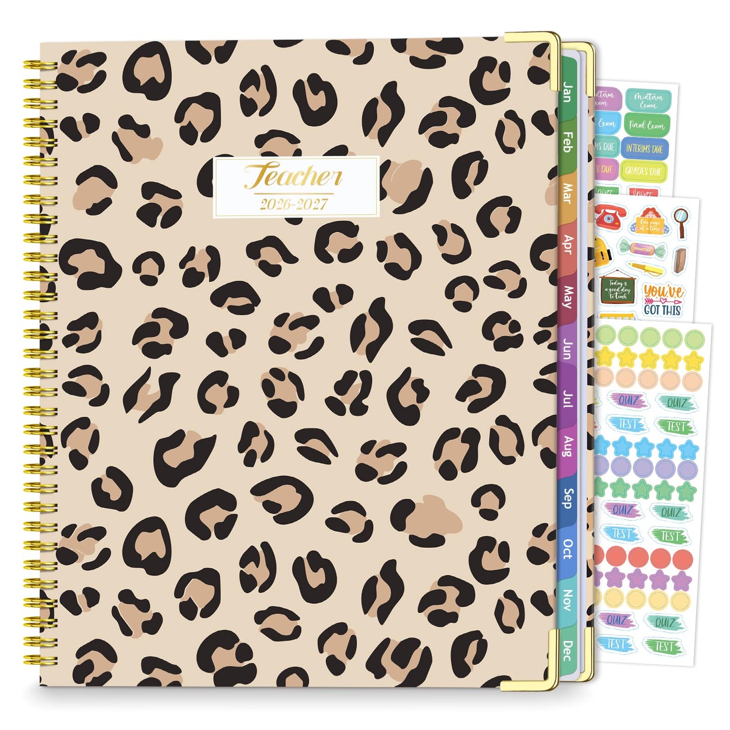 Teacher Planner 2026-2027, Jul 2026-Jun 2027 Academic Year, 8.5" x 11" Lesson Planner Book for Teacher Calendar, Spiral Bound Planners, Colorful Monthly Tabs, Planning Stickers, Leopard