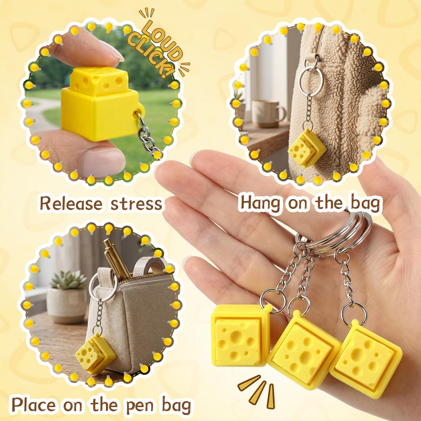 Kenning 12 Pcs Cheese Clicker Fidget Toys Keychain Bulk 3D Printed Clicker Fidget Toys Keyboard Stress Relief Keychain Gifts for Kids Student Employee Coworkers Graduation Party Favors End of Year