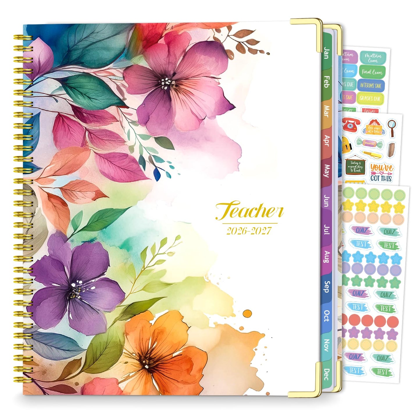 Teacher Planner 2026-2027, Jul 2026-Jun 2027 Academic Year, 8.5" x 11" Lesson Planner Book for Teacher Calendar, Spiral Bound Planners, Colorful Monthly Tabs, Planning Stickers, Flower