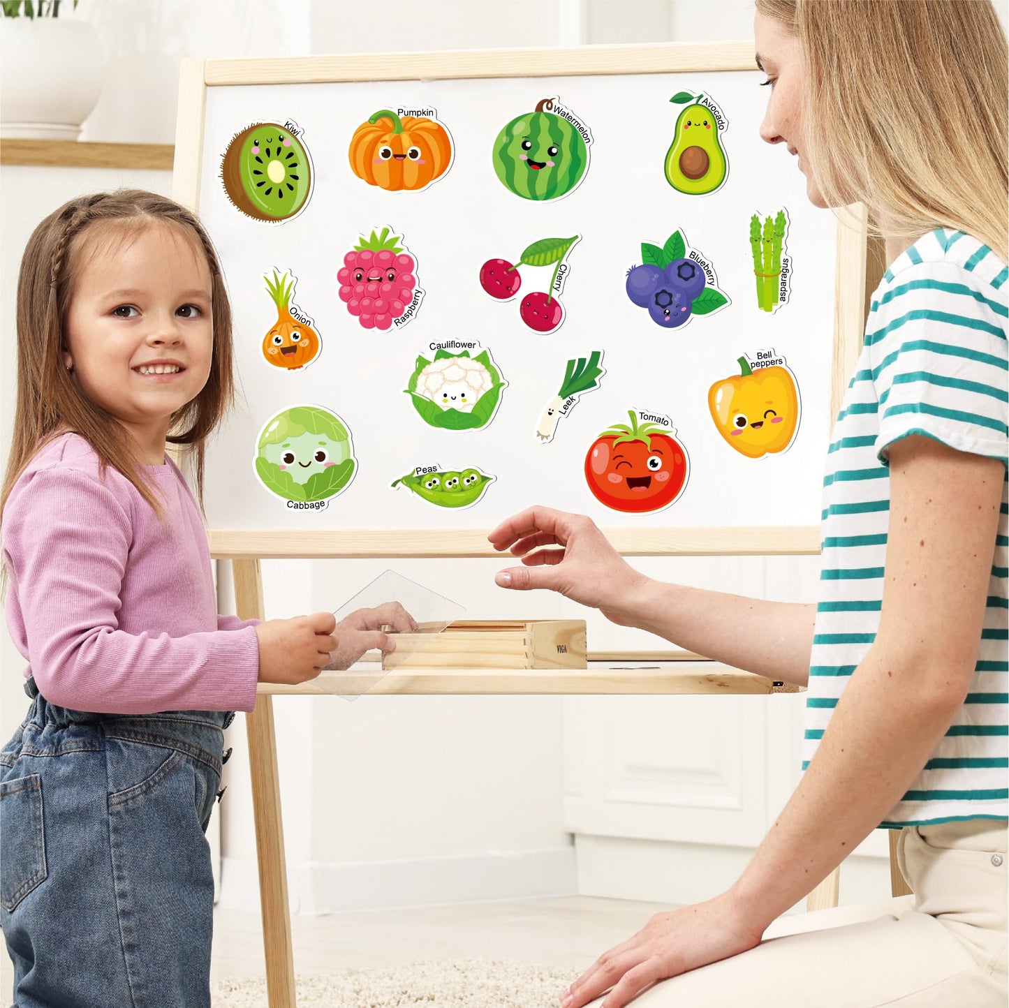 Fecheche Large Size Cute Fridge Magnets for Toddlers, Preschool Spelling Learning Education Refrigerador Magnetic Toy (Fruits Vegetables 43pcs)