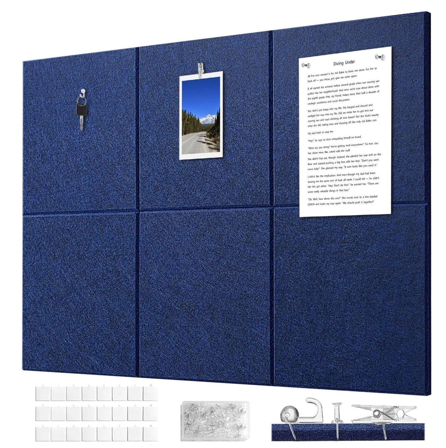 G Gamit Felt Wall Tiles Bulletin Board Large Cork Board Alternative 6 Pack 11.81”x11.81”x0.47” Felt Pin Board Tack Board with Safe Removable Adhesive Tabs for Home Office School 36x24 (Dark Blue)