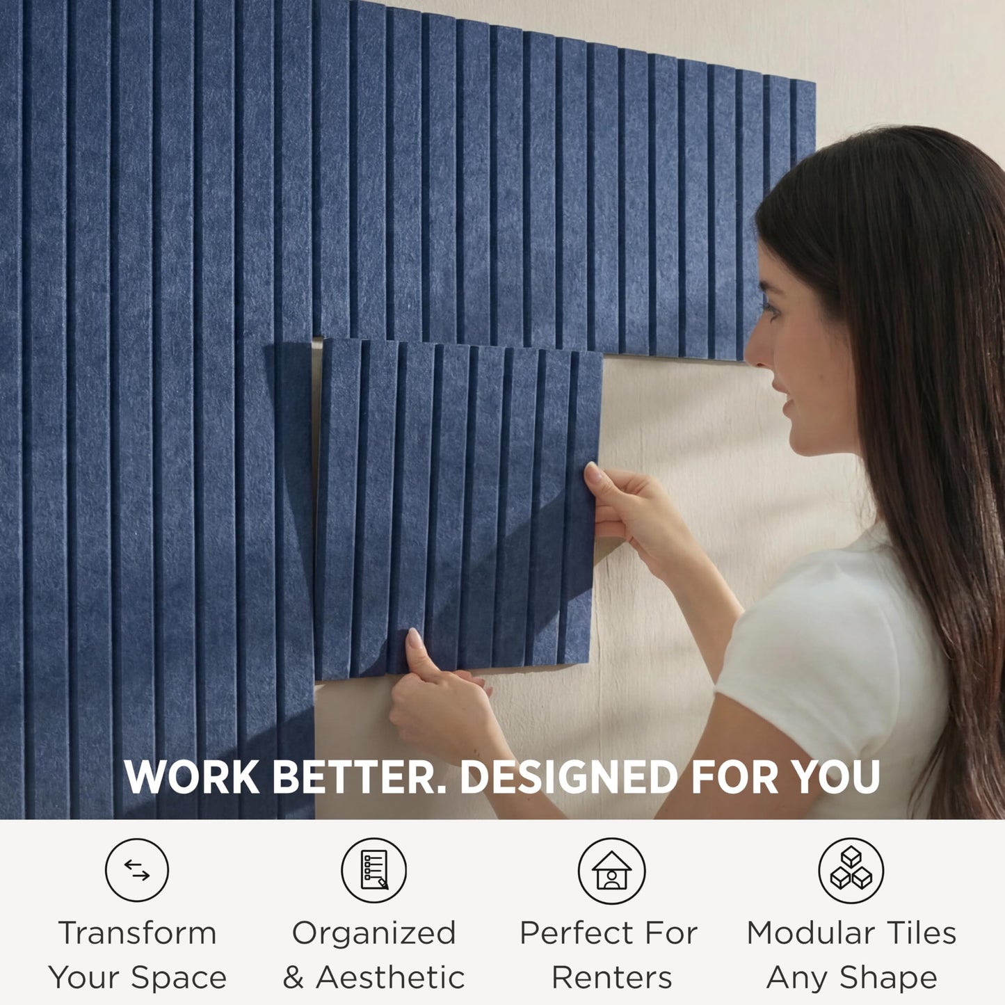 VIVELDA Felt Bulletin Board Tiles 48"x36" - 12-Pack Cork Board Alternative, OEKO-TEX Certified, NRC 0.95 Acoustic Felt Wall Panels, Damage-Free Adhesive, Slatted Design Home Office, Classroom (Indigo)