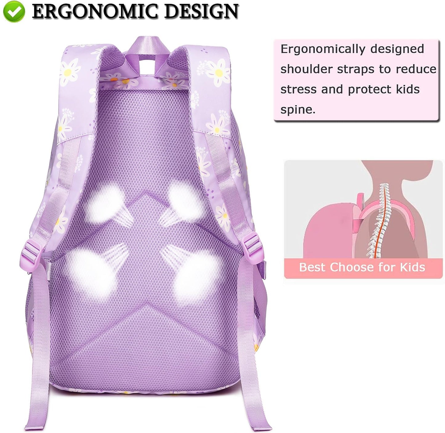 Sugaroom Daisy Prints School Backpack for Girls Backpack with Lunch Box Lightweight Water Resistant Kids Backpack Elementary Primary Middle School Bags Bookbags Set