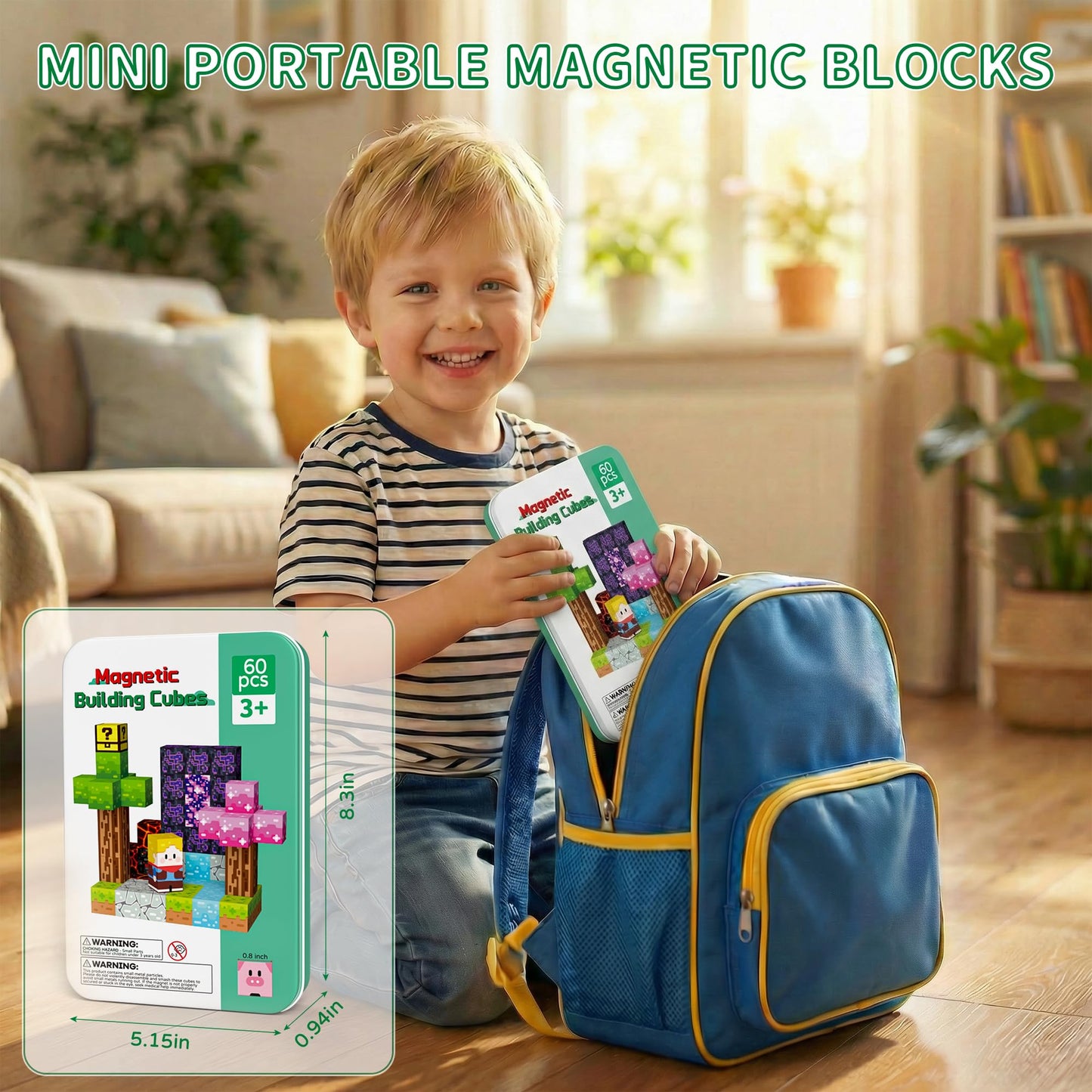 Petenjoy Mini Magnetic Blocks Travel Set with Iron Case - 60 PCS Magnet Building Cubes Travel Toys for Kids 4-8 Toddler Airplane Essentials, Stem Toys Gift for Boys and Girls