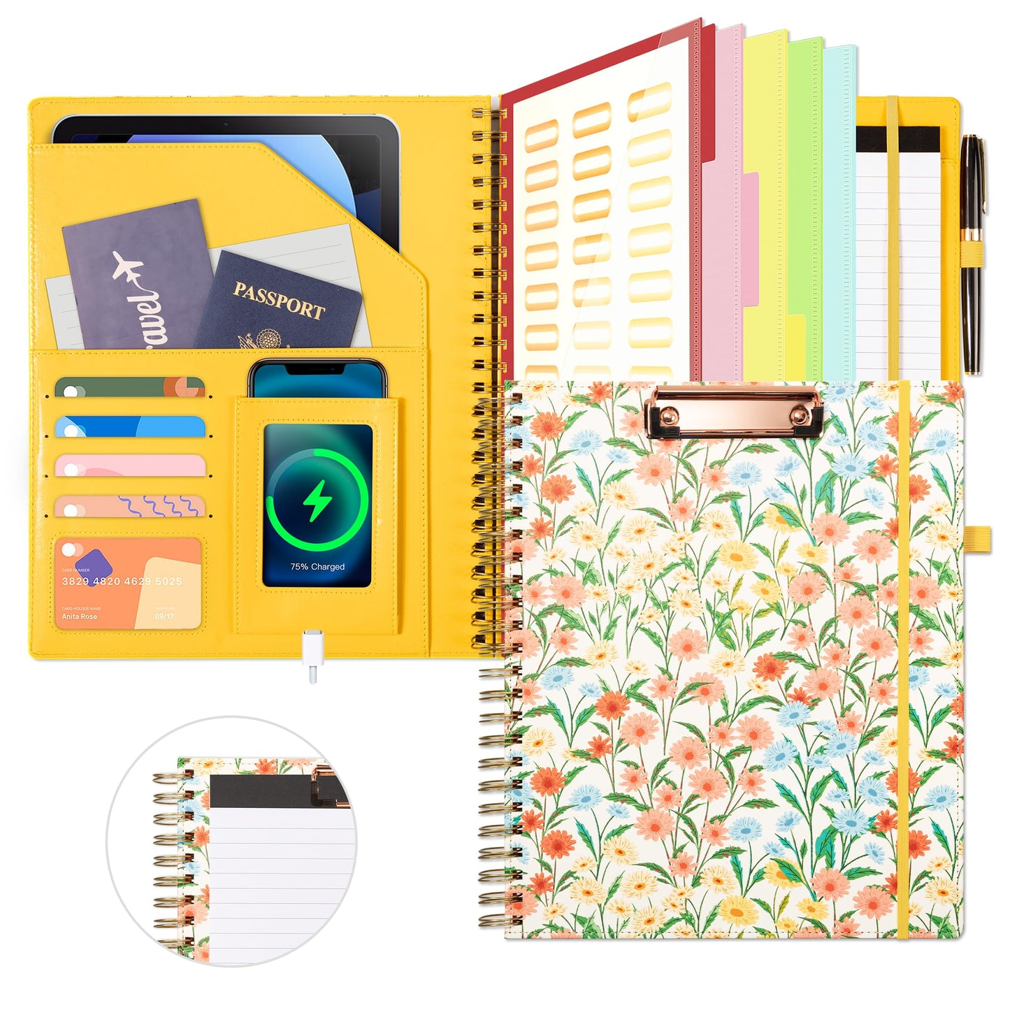 Ospelelf Clipboard with Storage for Men Women, Leather Padfolio Portfolio Organizer 5 Folders with 10 Pockets, Spiral Clipboard Folio with Notepad for Letter Size, Elastic Closure and Pen Loop Floral