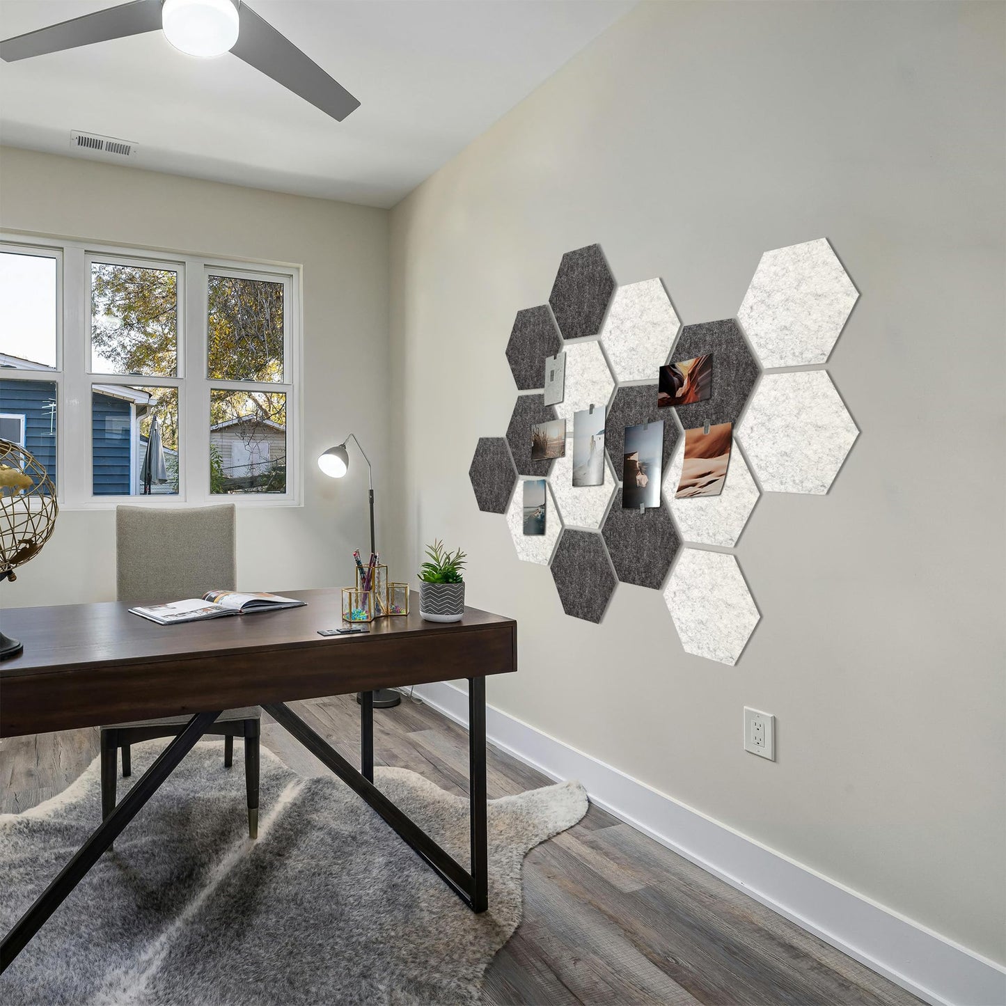 Hexagon Felt Bulletin Board Tiles, 8 Pcs, 8.7 x 7.5 inches, with 20 Pushpins, for Easy Display of Photos Pictures Memos Notices, Felt Wall Tiles for Office Home Classroom (Gray)
