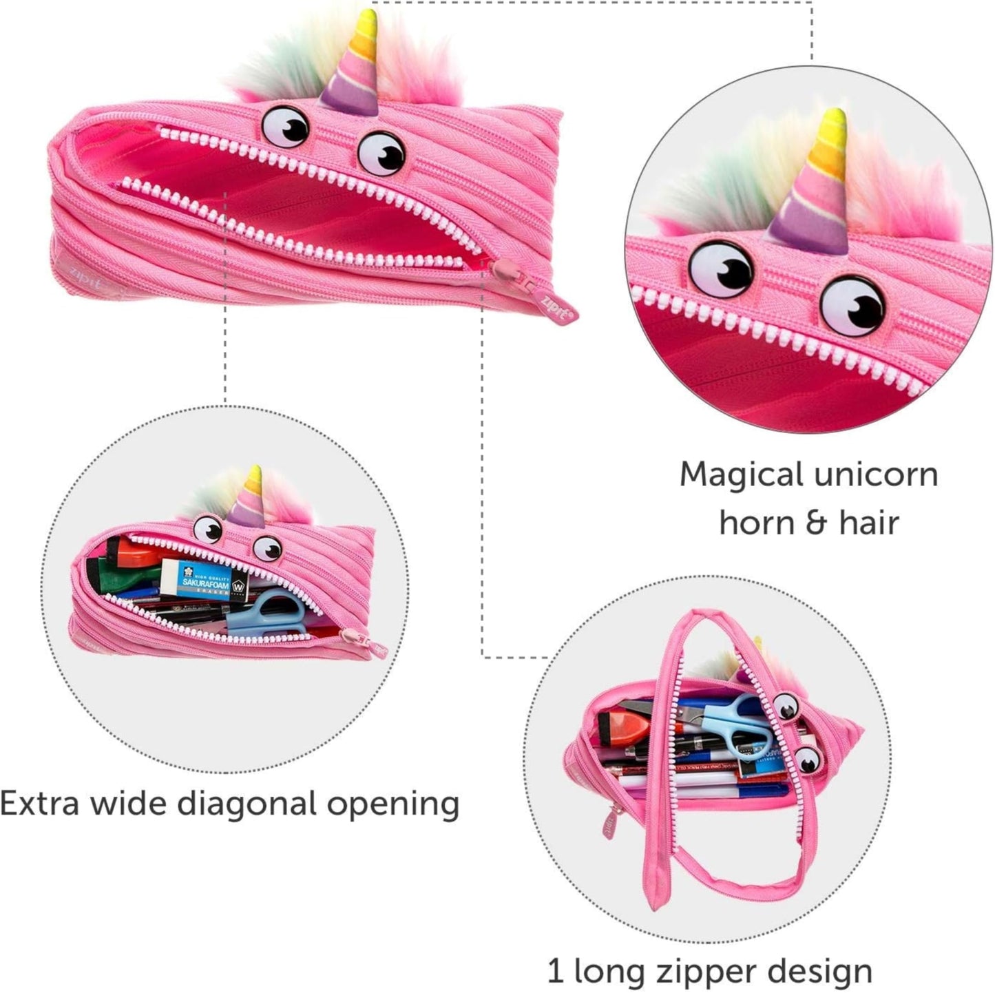 ZIPIT Unicorn Pencil Case for Girls, Cute Zipper Pouch for Kids Teens, Stationery Bag for School ,Pink
